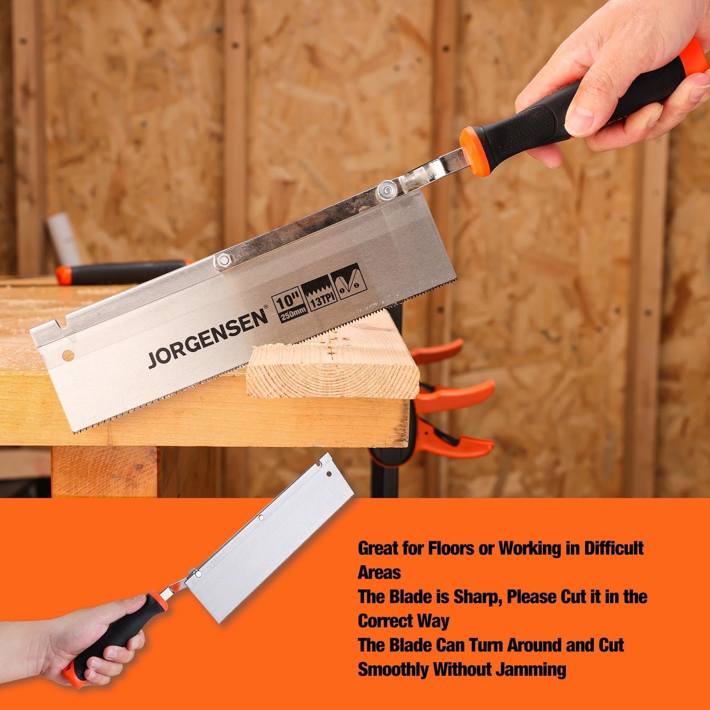 JORGENSEN 10" Dovetail Reversible Jamb Saw, 13TPI Double Ground Teeth, Flush Cut, Spring-Loaded, Cranked Soft Handle for Doors & Tiles