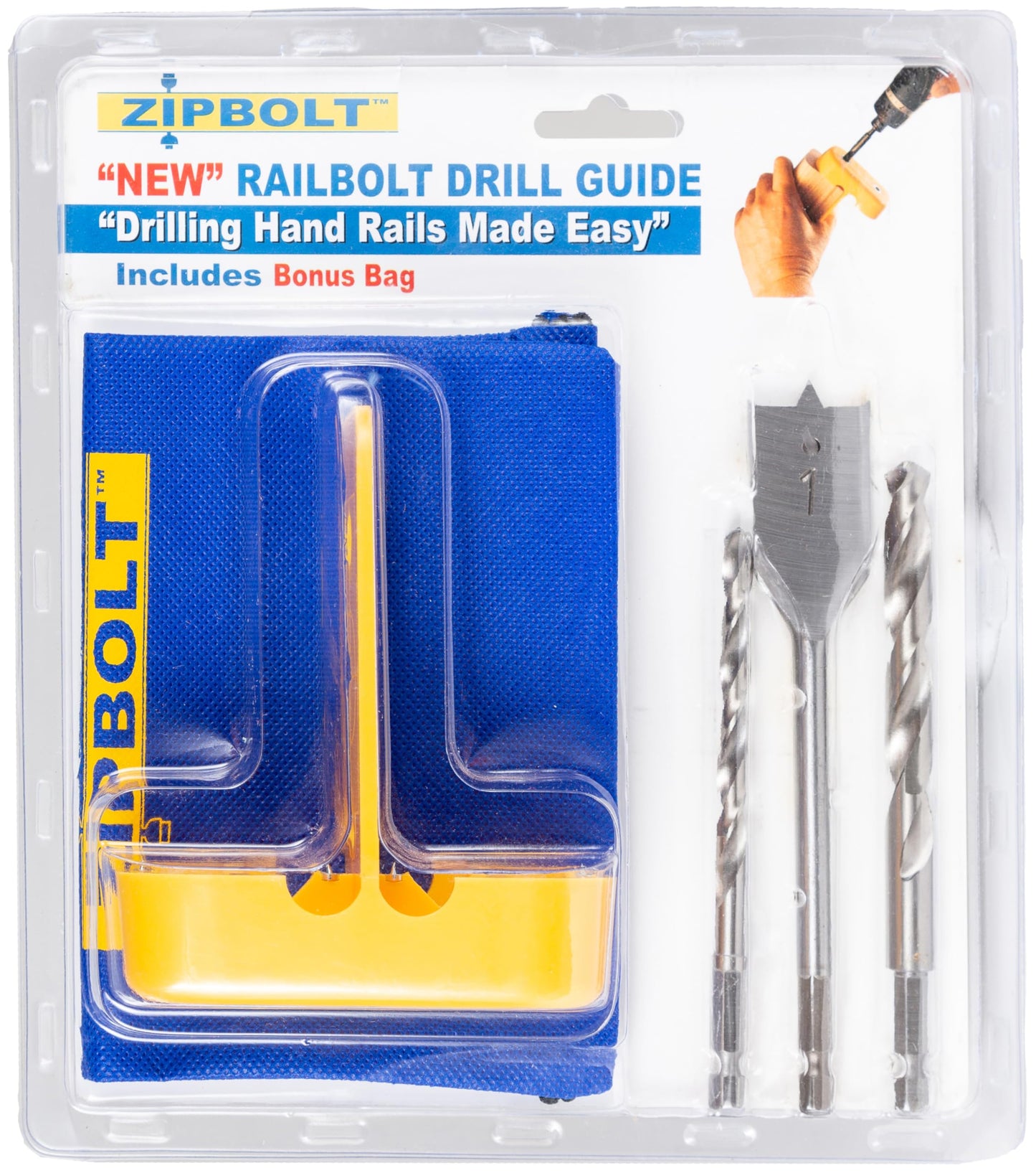 Zipbolt 40.260 Railbolt Drill Guide — Railbolt Installation Jig for Staircase Handrails with 1/4", 3/8" Drill Bits & 1” Spade Bit