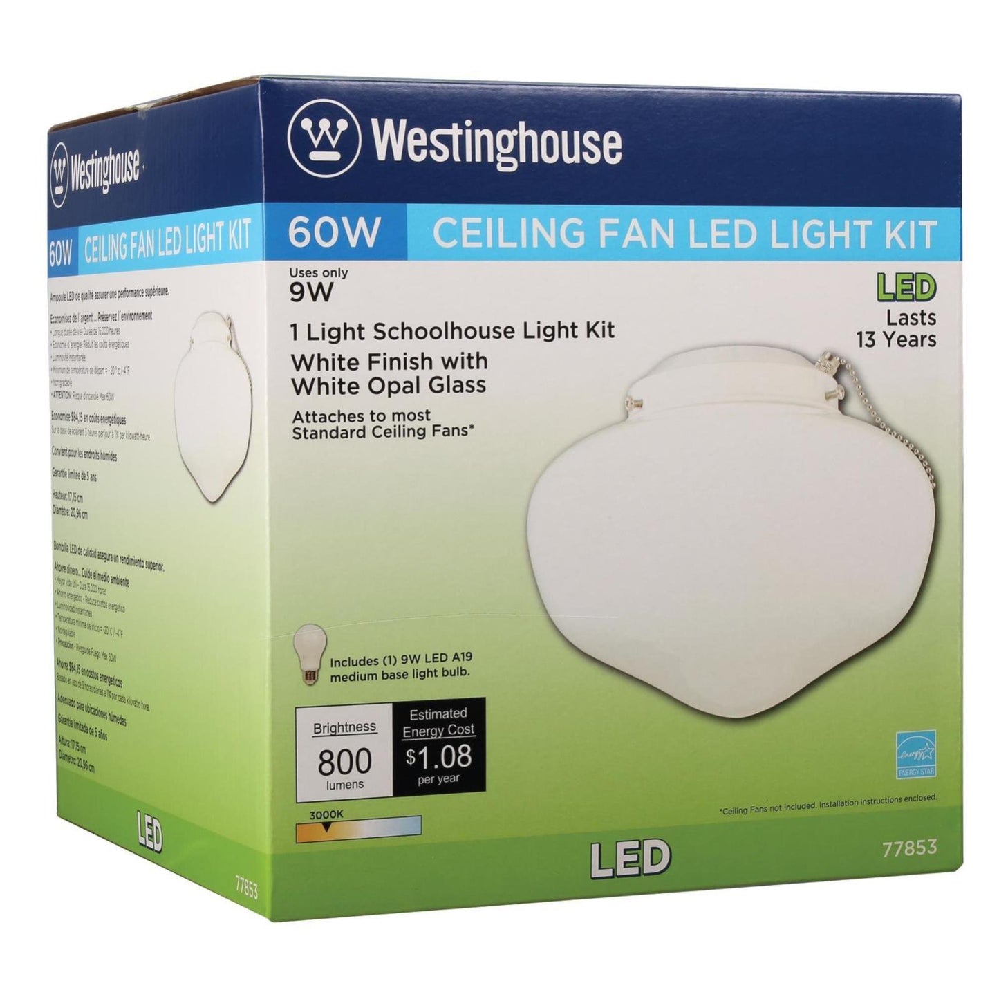 Westinghouse 7785300 LED Schoolhouse Indoor/Outdoor Ceiling Fan Light Kit, White Finish with White Opal Glass