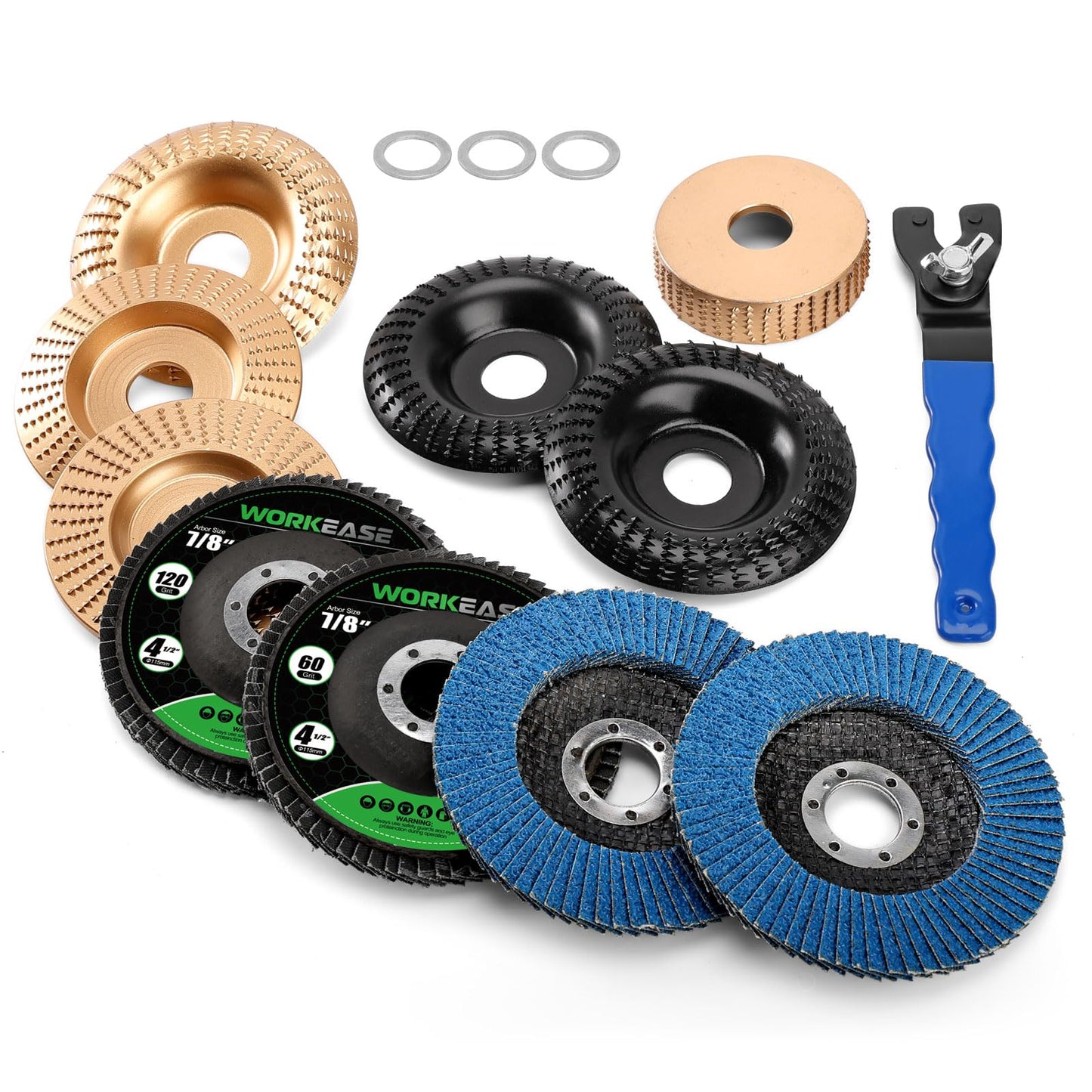 14-Piece Wood Carving Disc Set for 4–4.5" Angle Grinder, Grinding Wheels Kit with 7/8"-5/8" Arbor for Cutting, Shaping & Polishing