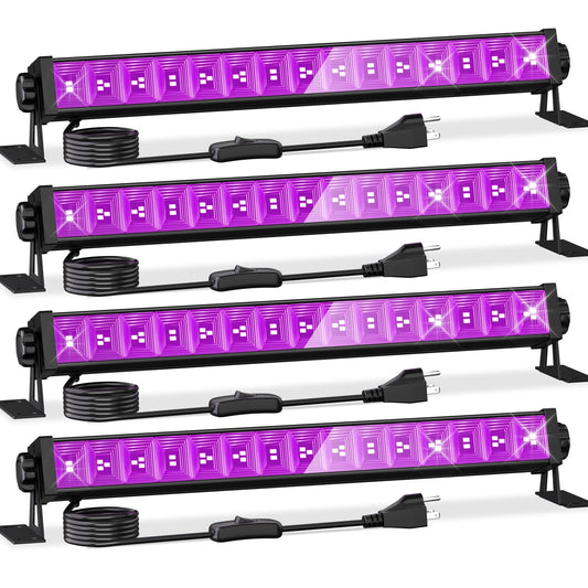 4-Pack 42W LED Blacklight Bars with Plug & Switch, 6ft Cord, Glow Party, Body Paint, Posters, Halloween, Bedroom & Stage Lighting