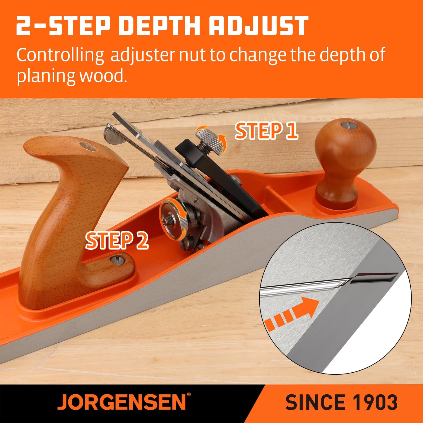JORGENSEN No.5 Wood Planer - Professional Hand Plane for Flattening & Smoothing Wood, Adjustable Depth, Ergonomic Ductile Iron Body