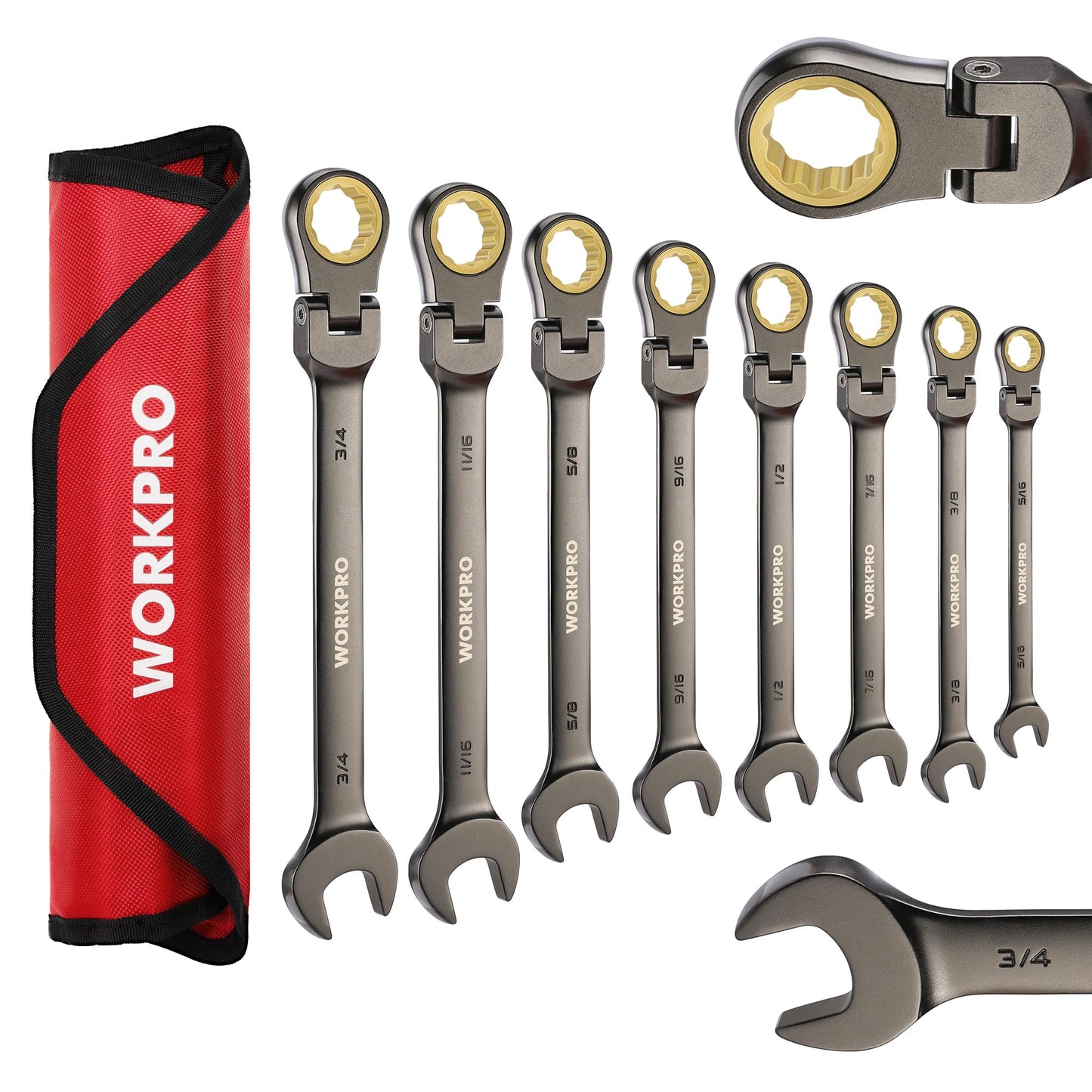 WORKPRO 8-piece Flex-Head Ratcheting Combination Wrench Set, SAE 5/16-3/4 in, 72-Teeth, CR-V Constructed, Nickel Plating with Organizer Bag