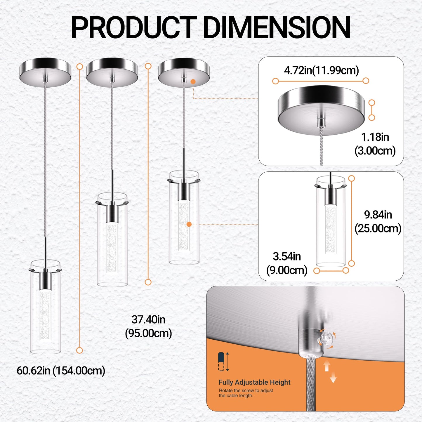 Esfos 1-Light LED Pendant Ceiling Light, Modern Crystal Bubble Glass Hanging Fixture for Kitchen Island, 3-Pack