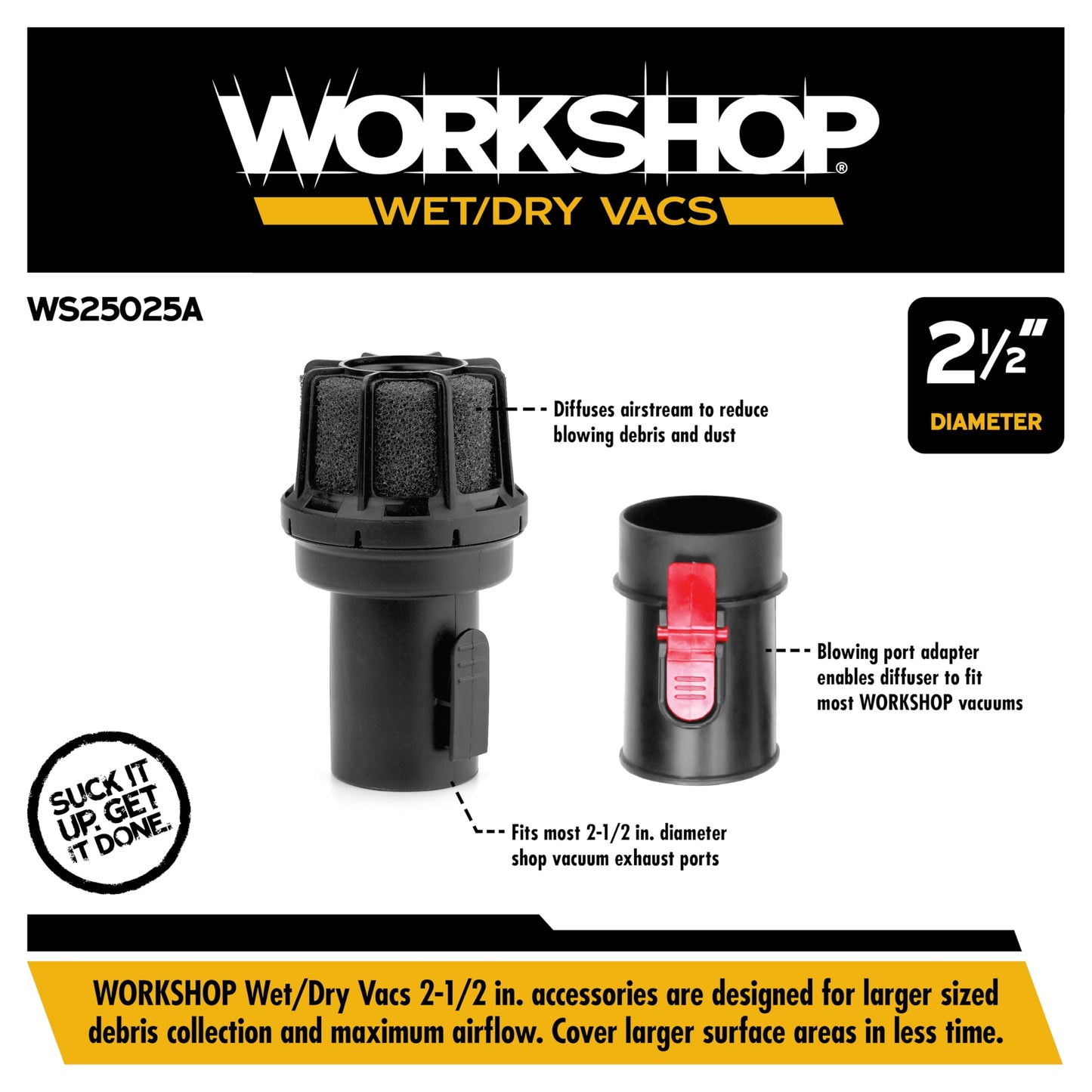 WORKSHOP Wet/Dry Vac Muffler Diffuser WS25025A, Vacuum Exhaust Attachment, Fits Most 2.5" Wet/Dry Vac Ports