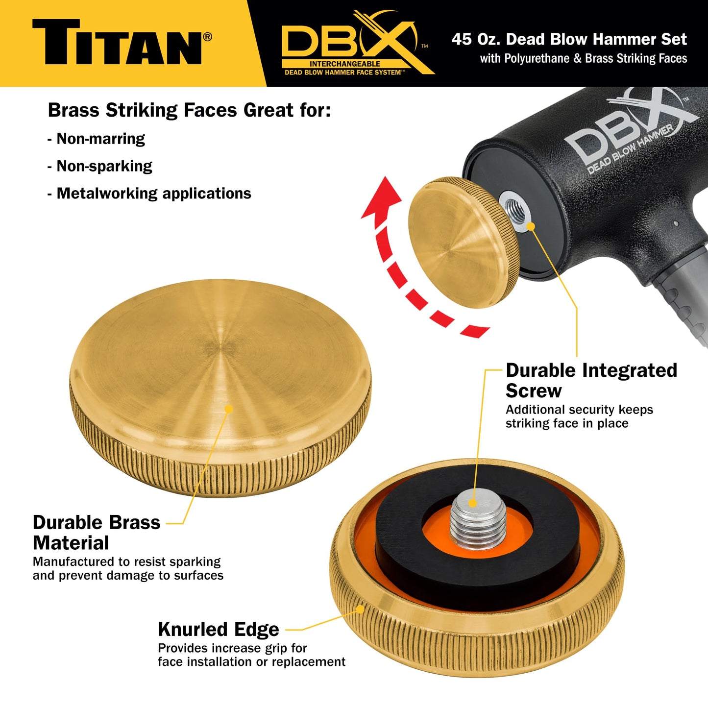 Titan DBX 63647 45oz Dead Blow Hammer – Interchangeable Polyurethane & Brass Faces, Rebound Resistant, 15" Shock-Absorbing Fiberglass Handle