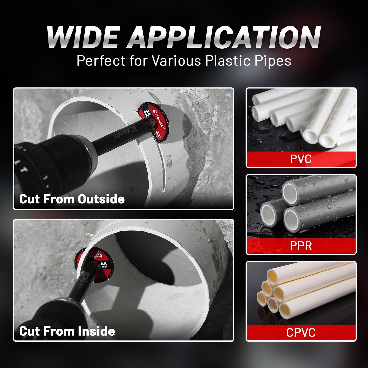 EZARC PVC Pipe Cutter with Replaceable Diamond Blades, 2-1/2" Cutting Depth, 1/4" Hex Shank, 1.32" Diameter, 2-Pack Plumbing Tool