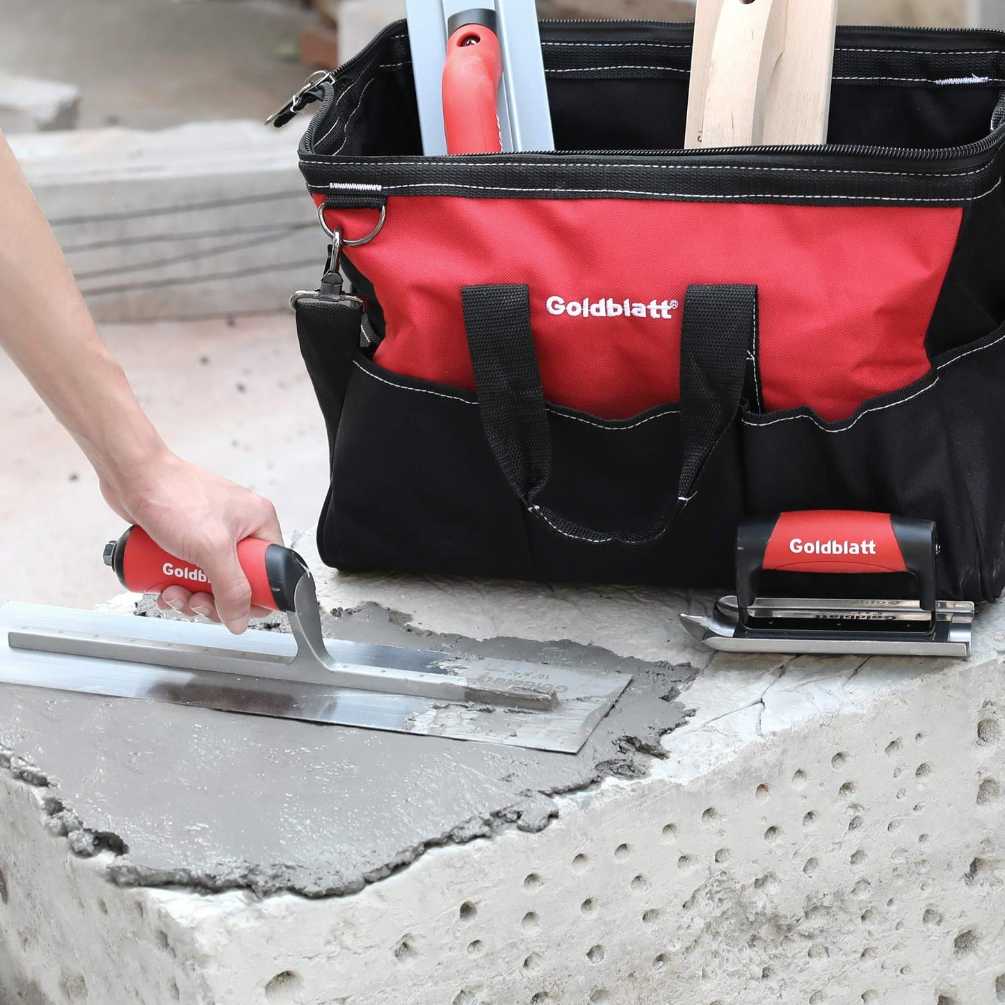 Goldblatt 8-Piece Masonry Hand Tool Set with Trowels, Groover, Edger, Alloy & Wood Floats, Wire Twister, Tool Bag