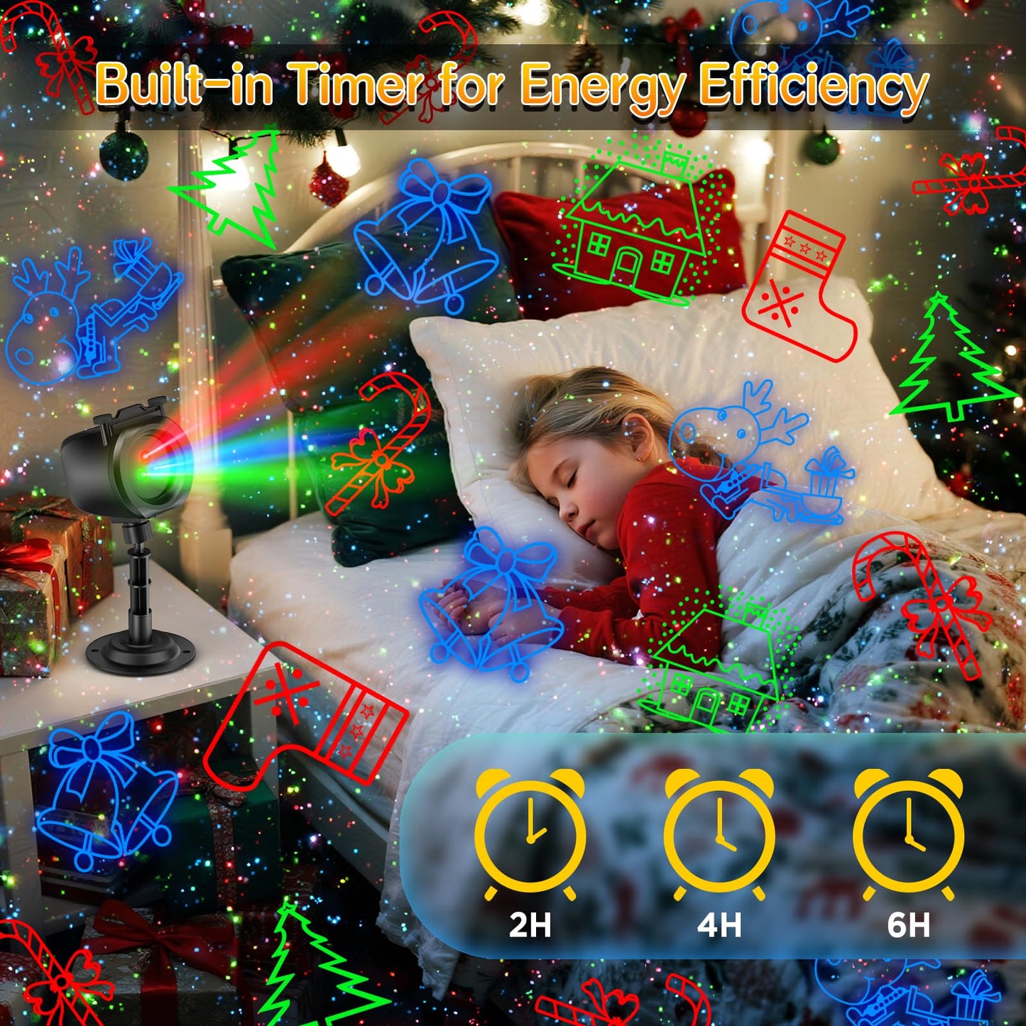 Christmas Lights Projector Outdoor, 2-in-1 Holiday Projector with 4 Slides & 8 HD RGB Moving Firefly Patterns for Yard & Garden