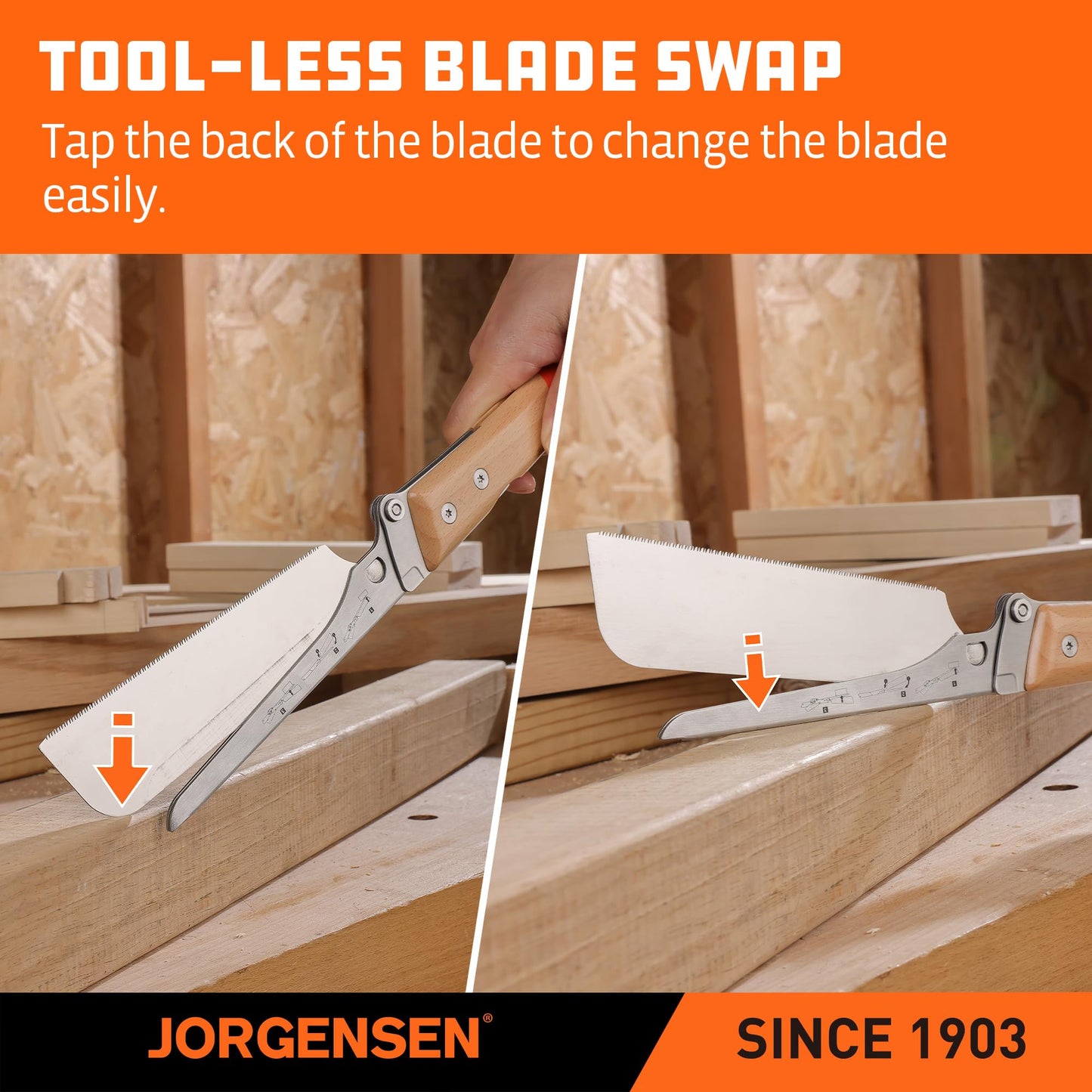 JORGENSEN 6" Japanese Pull Saw, Pro Folding Dovetail Handsaw with Beech Handle, SK5 Steel, Tool-Free Blade Change, 21TPI Woodworking