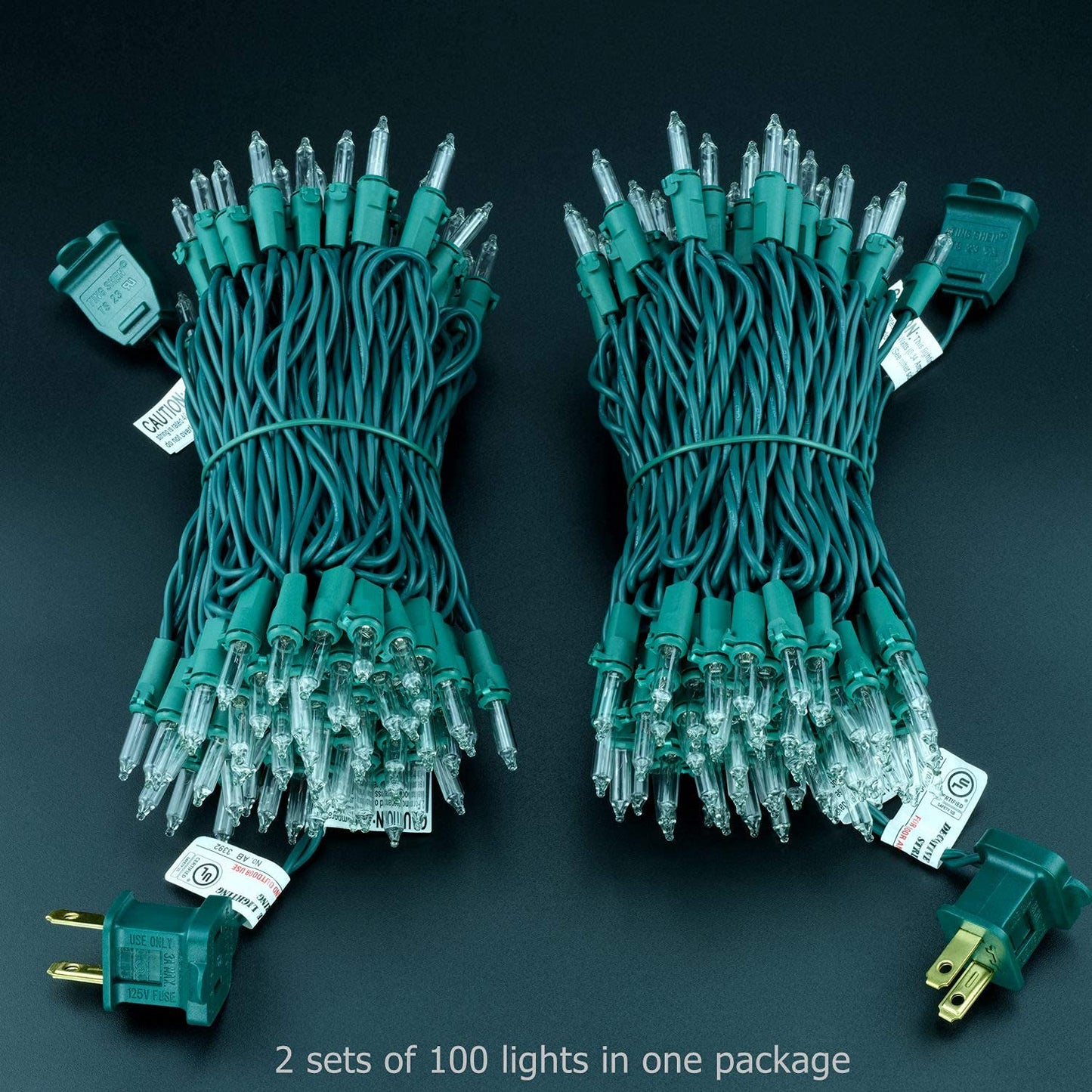 YULETIME 200 Clear Christmas Lights, Pack of 2 Sets 33 Feet 100 Count UL Certified Incandescent String Lights (Clear - Green Wire)