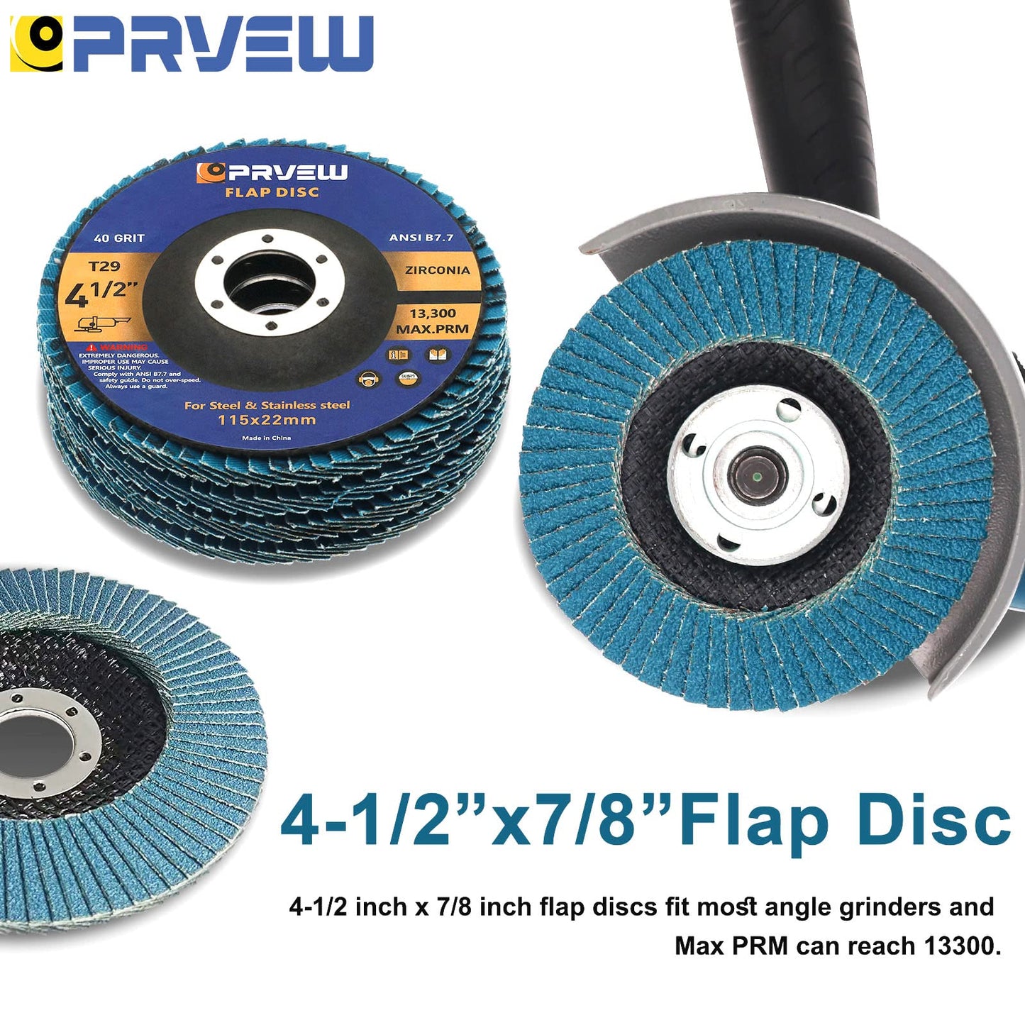 PRVEW 4.5" Flap Discs 5-Pack, T29 Zirconia Abrasive Grinding Wheels, 40/60/80/120 Grit for Metal & Stainless Steel