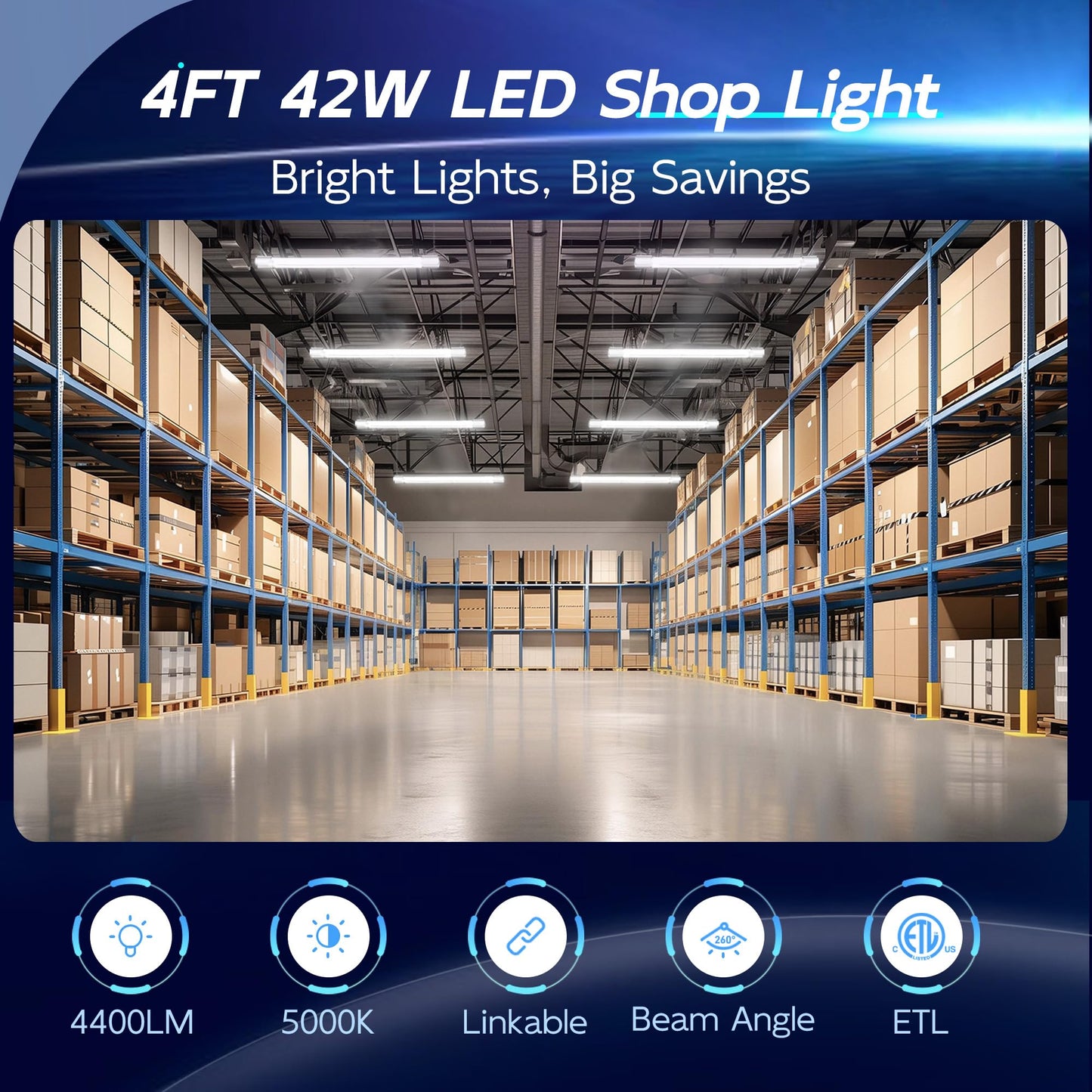 Hykolity 6-Pack 4FT Linkable LED Shop Light, 4400lm 42W (250W Eq), 5000K Daylight, Garage Utility Light, ETL, Hanging/Surface Mount