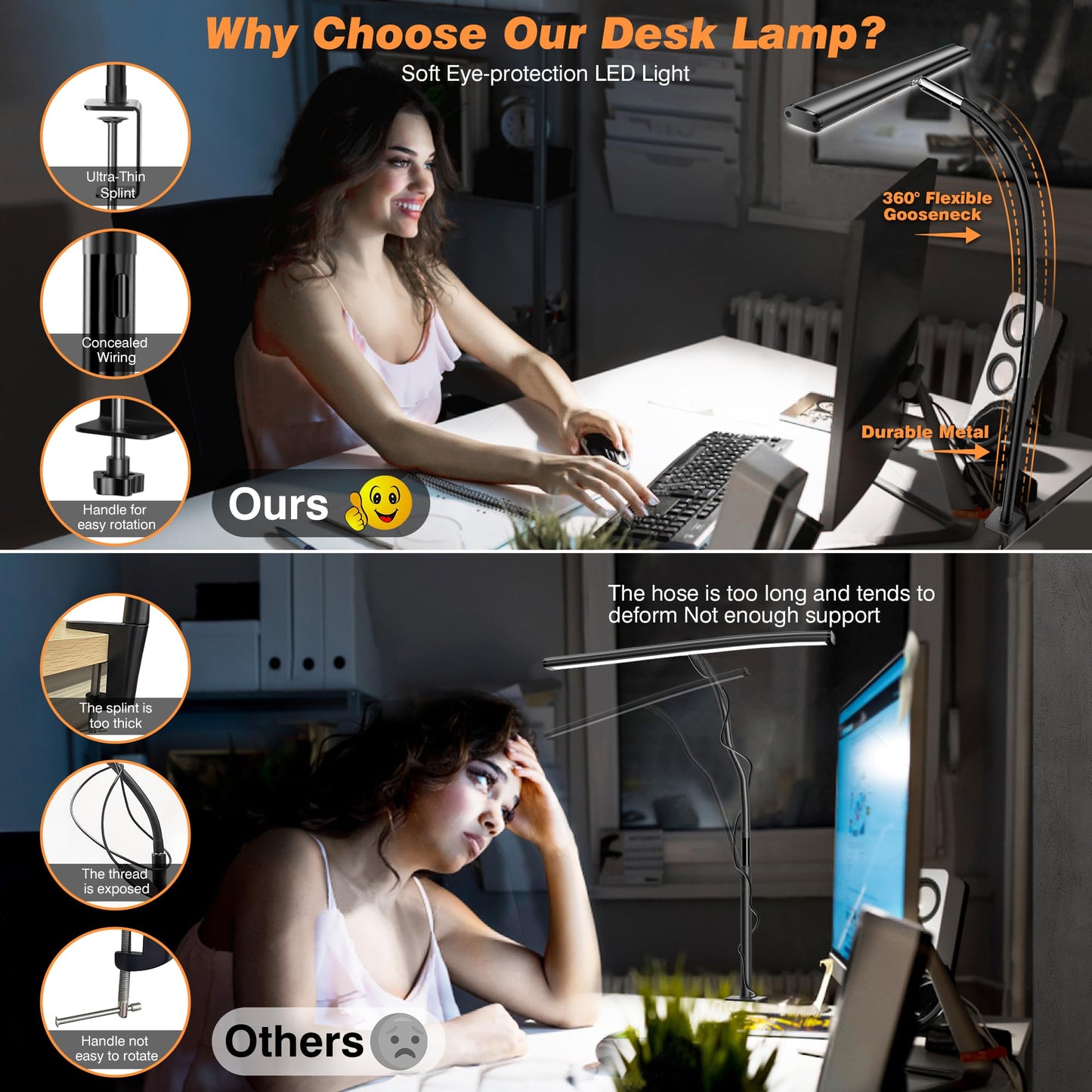 Airlonv LED Desk Lamp, Eye-Caring, Stepless Dimming, Flexible Gooseneck, USB & Clamp, Adjustable Light for Reading, Study, Work