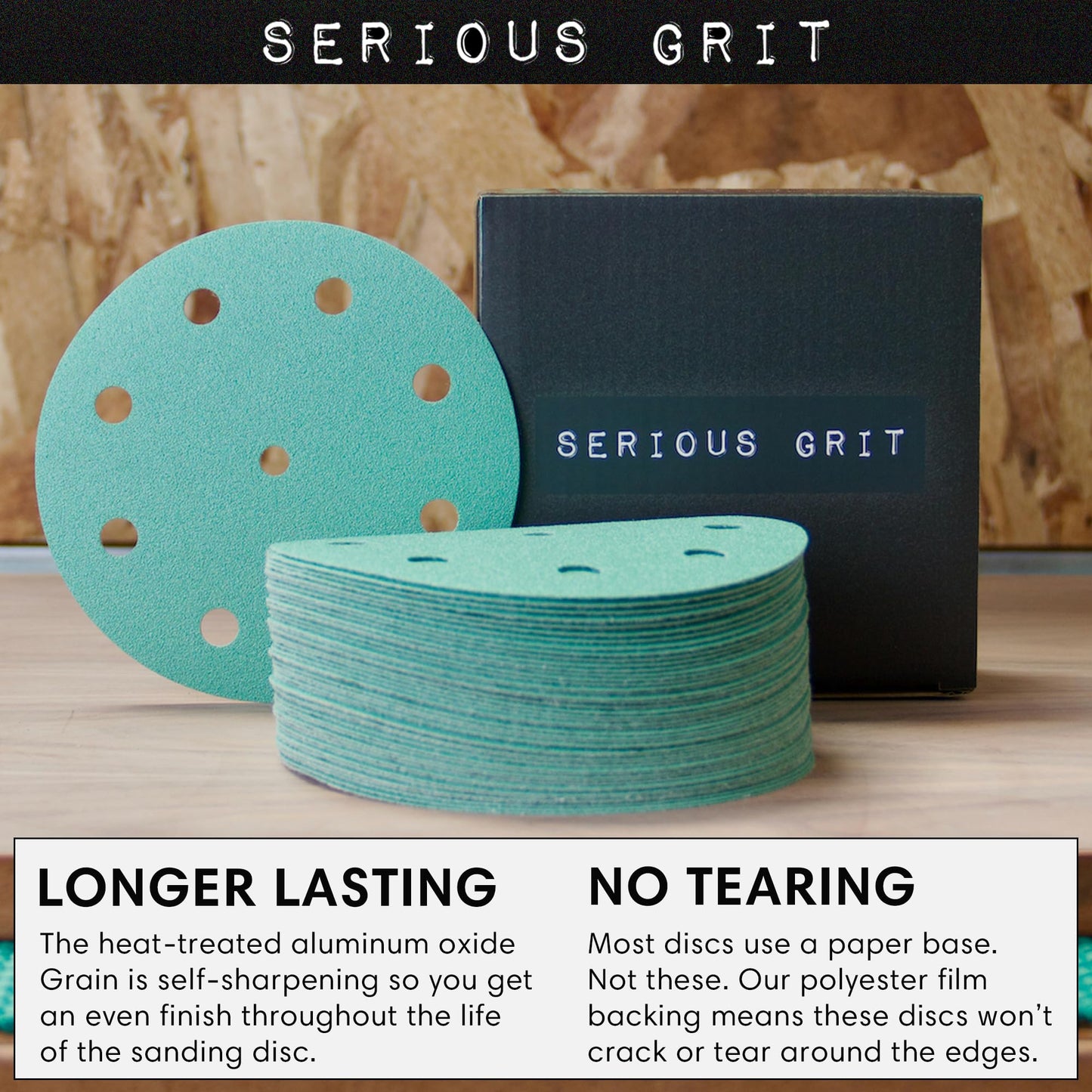 Serious Grit - 5-Inch 9-Hole 220 Grit Sanding Discs - Heavy-Duty Hook & Loop Film Discs - Sandpaper for Random Orbital Sanders - 50 Pack Box