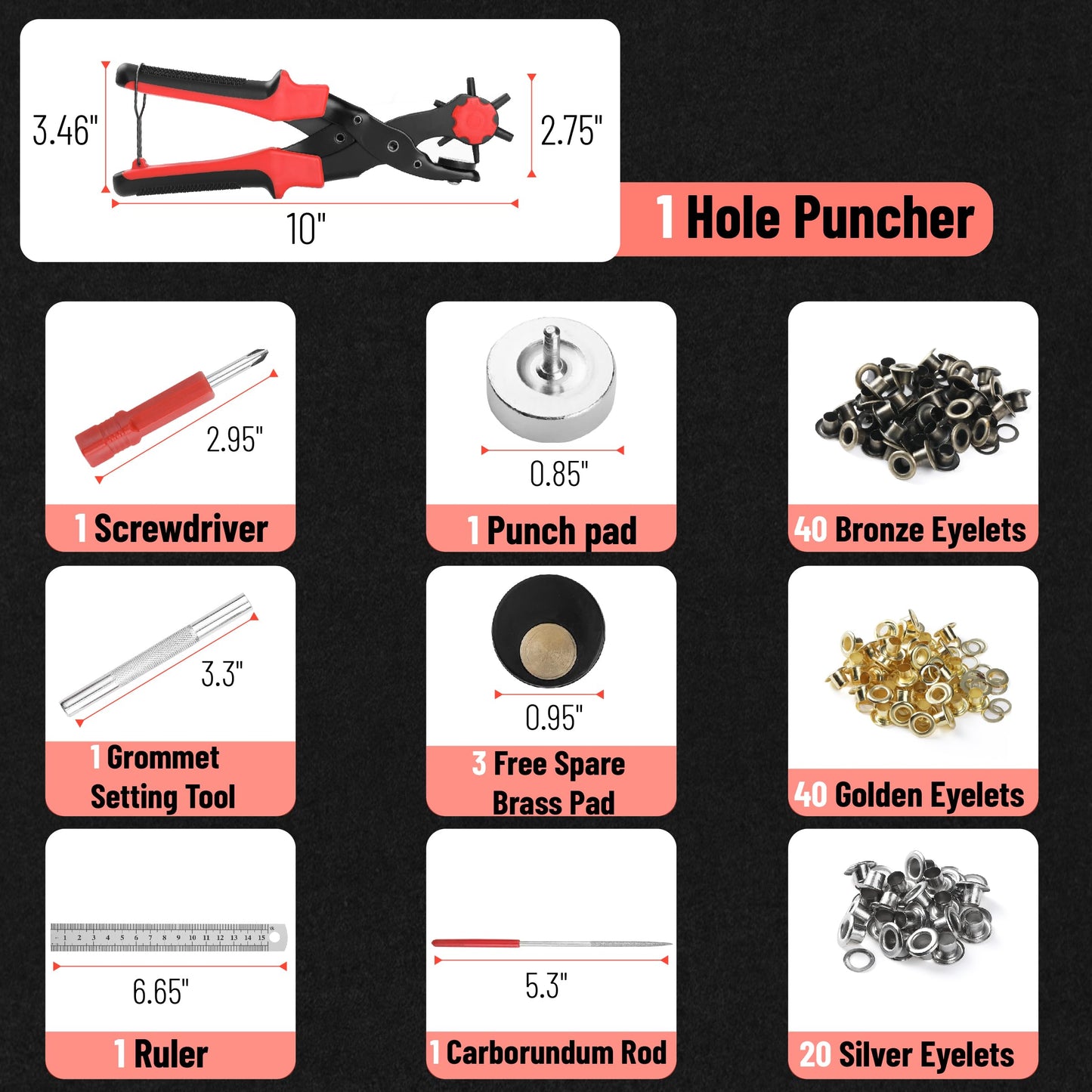UNCO Leather Hole Punch Set with Red Handle, Multi Sizes, Belt & Leather Puncher for Belts, Straps, Shoes, Canvas, DIY + 100 Grommets