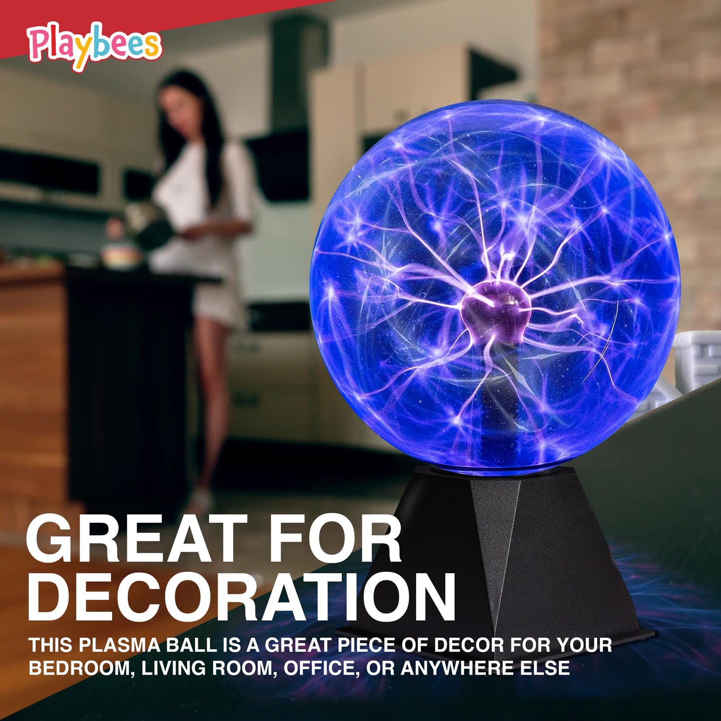 Playbees 7" Blue Plasma Ball - Tesla Coil Lightning Globe, Static Electricity Lamp, Nebula Effect, Plug-In for Parties, STEM, Decor