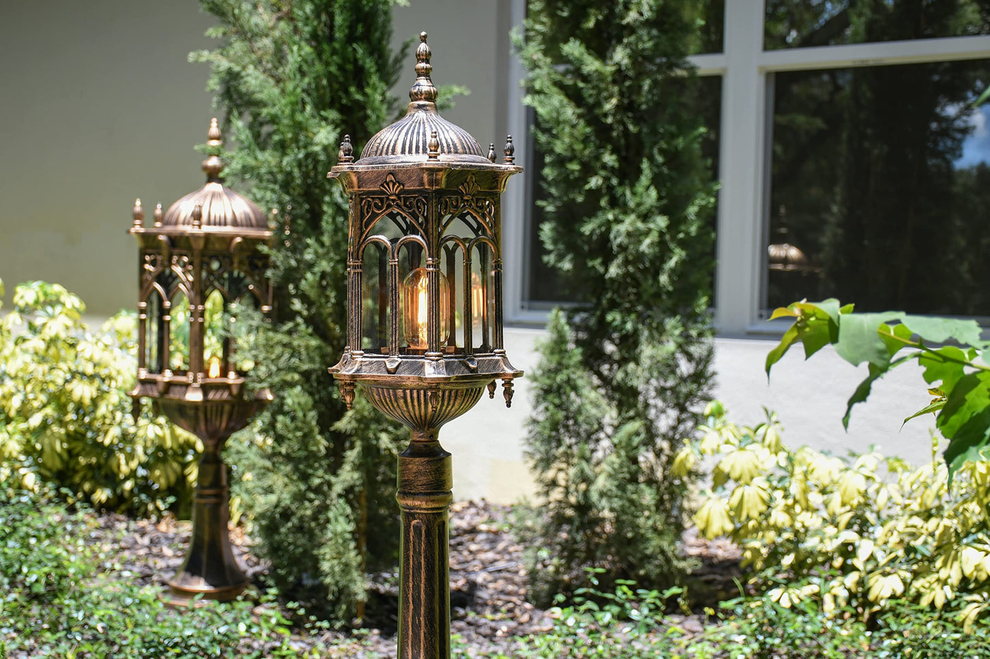 AFD Home Gothic Grassland Lamp, Outdoor Aluminum Gothic Floor Lamp, 47.25 Inches x 9 Inches, Antique Gold Hardwire