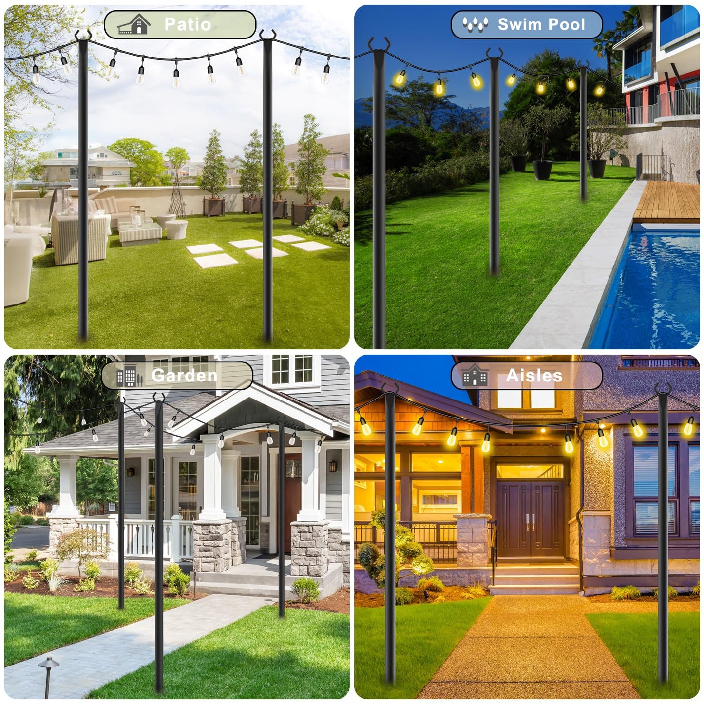 NUERPO 7-Pack 10ft Metal String Light Poles for Outdoor Hanging Lights, Garden, Patio, Backyard, Wedding, Deck, Party Stands