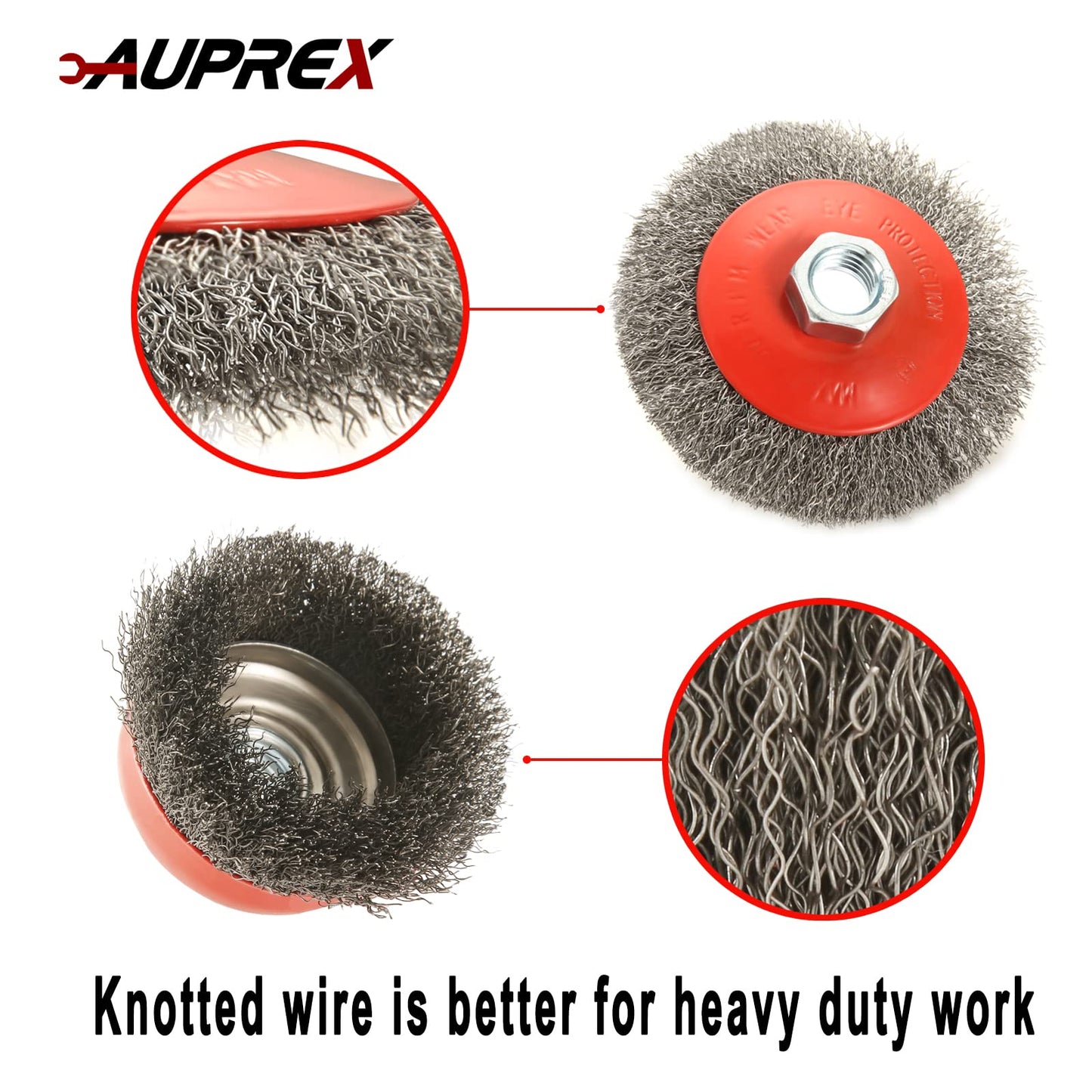 AUPREX 4 Pack Wire Wheel Brush Set for Angle Grinders, 4 & 3 Inch, 5/8'-11 Thread Arbor, Twist Knotted Coarse Crimped Wire Brushes