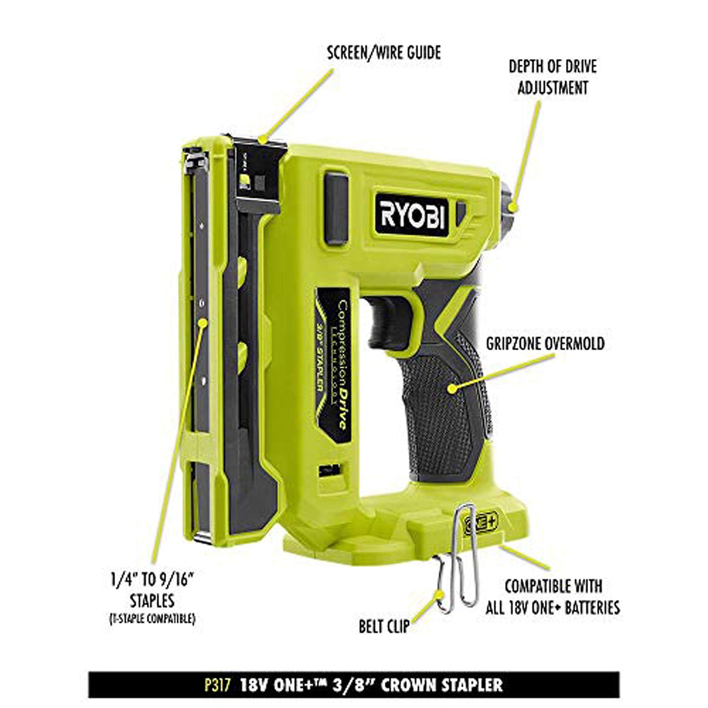 RYOBI P317-P163 18-Volt ONE+ Cordless Compression Drive 3/8 in. Crown Stapler Kit with 2.0 Ah Battery and Charger