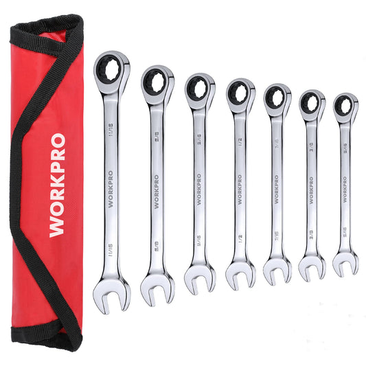 WORKPRO 7-Piece Ratcheting Combination Wrench Set, 72 Teeth, Cr-V Constructed, Combo Ratchet Wrenches Set with Roll Up Pouch, SAE 5/16"-11/16"