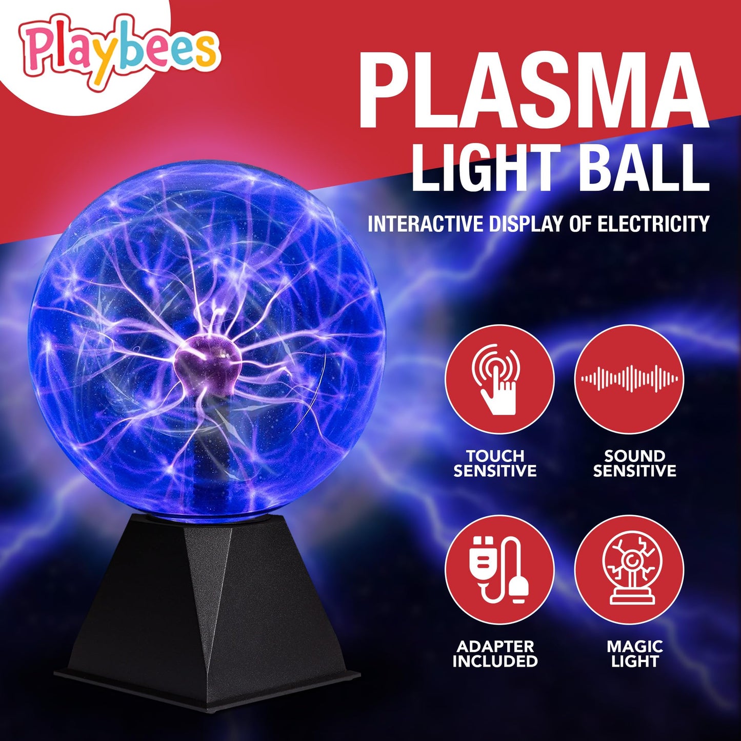 Playbees 7" Blue Plasma Ball - Tesla Coil Lightning Globe, Static Electricity Lamp, Nebula Effect, Plug-In for Parties, STEM, Decor