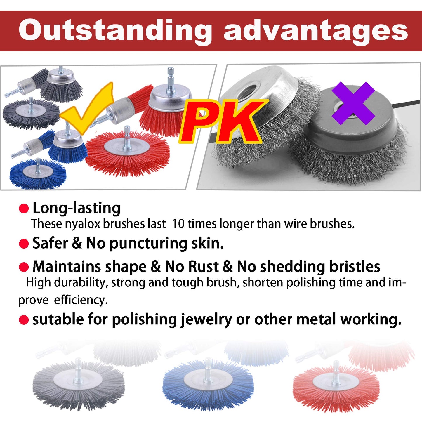 Rocaris 9-Piece Nylon Abrasive Wire & Cup Brush Set, 1/4" Hex Shank, 80/120/240 Grit for Rust, Paint & Corrosion Removal