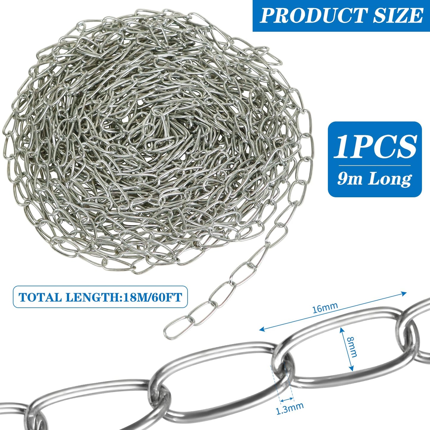 WUBOECE 2-Pack 60Ft Galvanized Iron Jack Chain, 16mm x 18m Metal Link for Hanging Plants, Bird Feeders, Lights – Silver