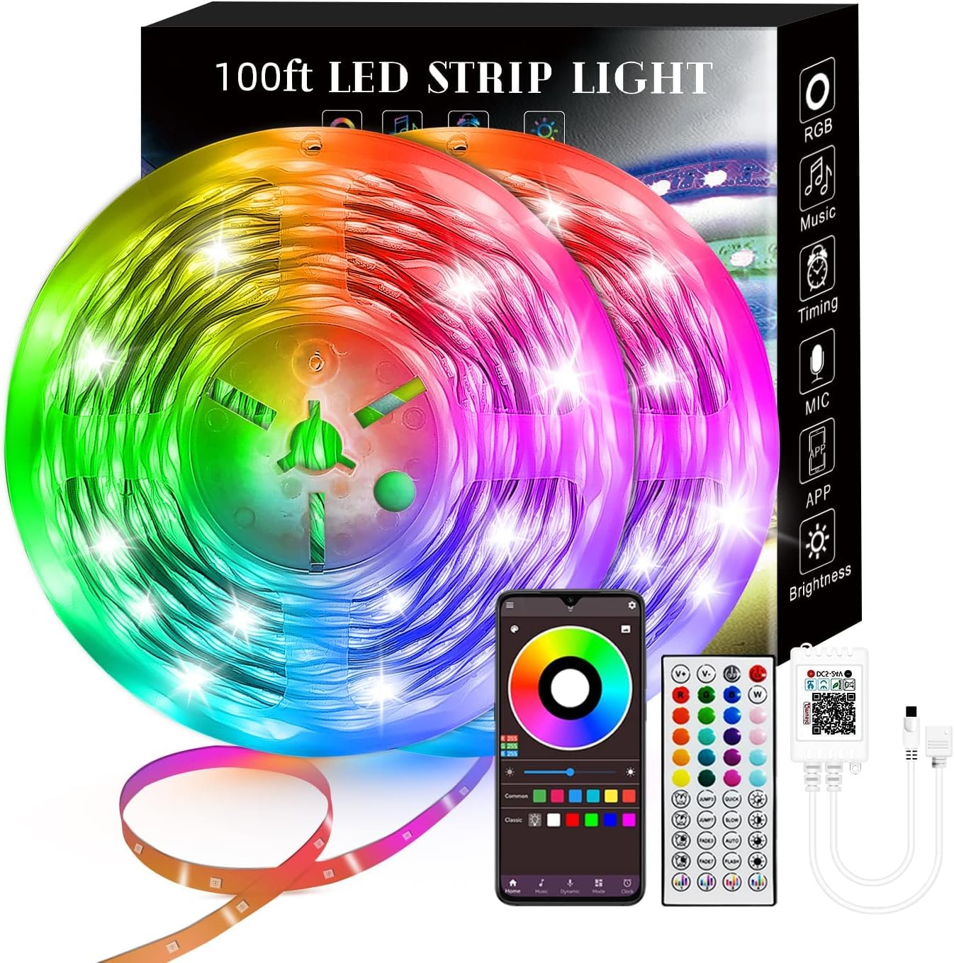 Lcutml 100FT Smart LED Strip Lights (2x50ft) RGB Music Sync with 40-Key Remote, Multi-Color LED Lights for Bedroom & Christmas Decor