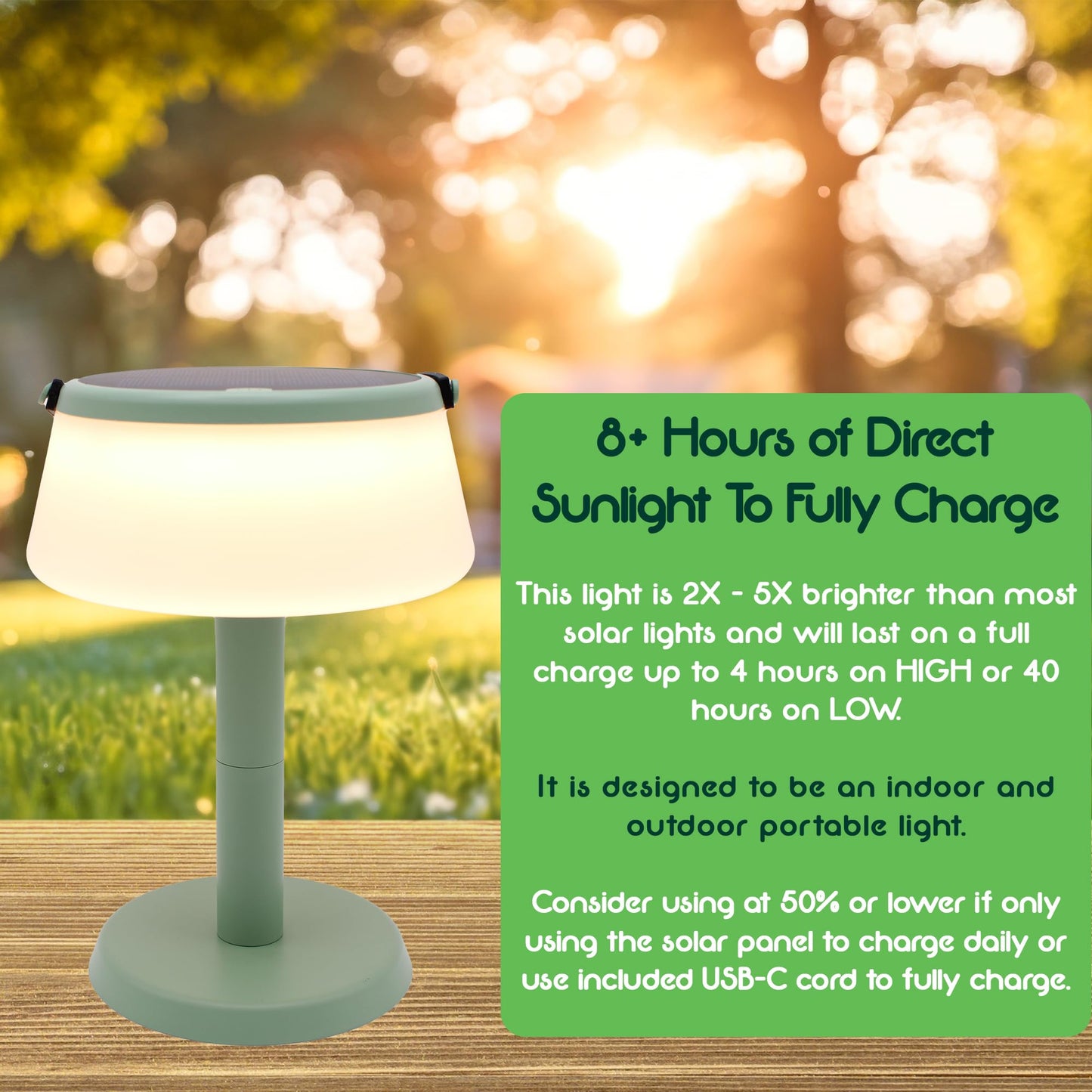 VerLuce 2-in-1 Solar LED Table Lamp & Lantern, Rechargeable, Stepless Dimming, 330lm, 2700K, IP44 Weatherproof, Green