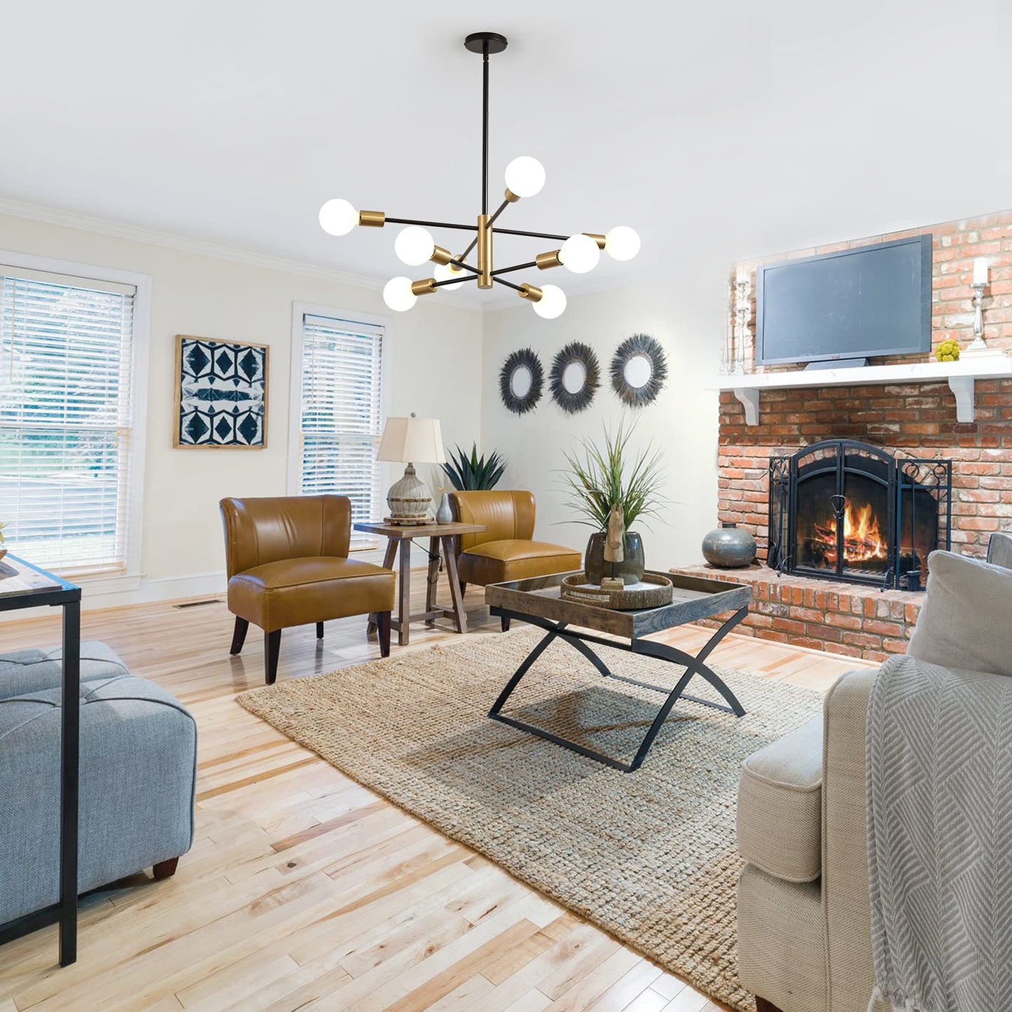 KAISITE 8-Light Modern Sputnik Chandelier, Height Adjustable Mid-Century Black & Gold Ceiling Light for Bedroom, Living & Dining