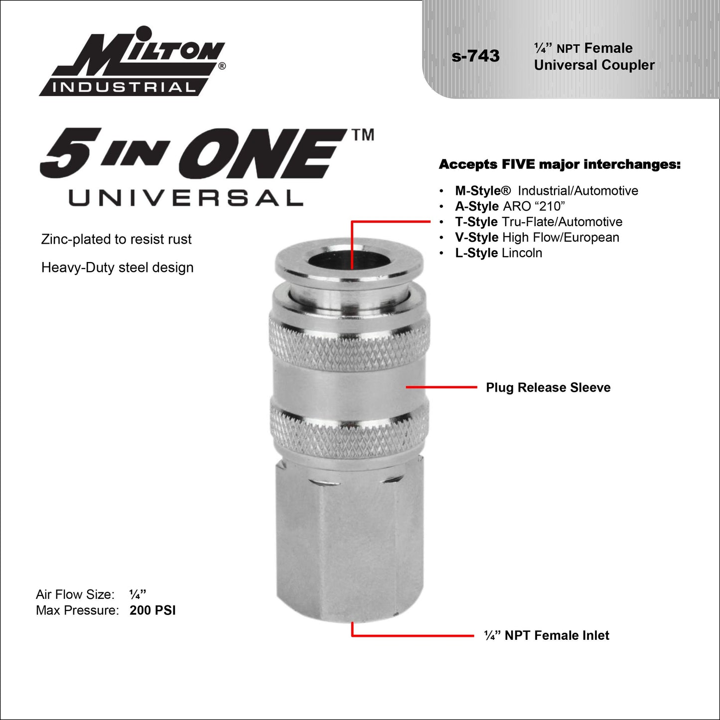 Milton 5 In ONE Universal Quick-Connect Coupler, 1/4" FNPT