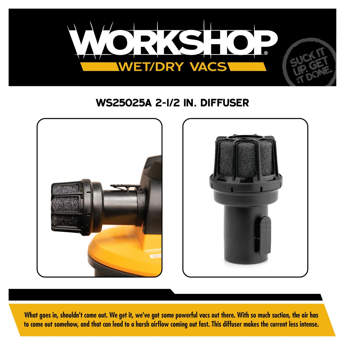WORKSHOP Wet/Dry Vac Muffler Diffuser WS25025A, Vacuum Exhaust Attachment, Fits Most 2.5" Wet/Dry Vac Ports