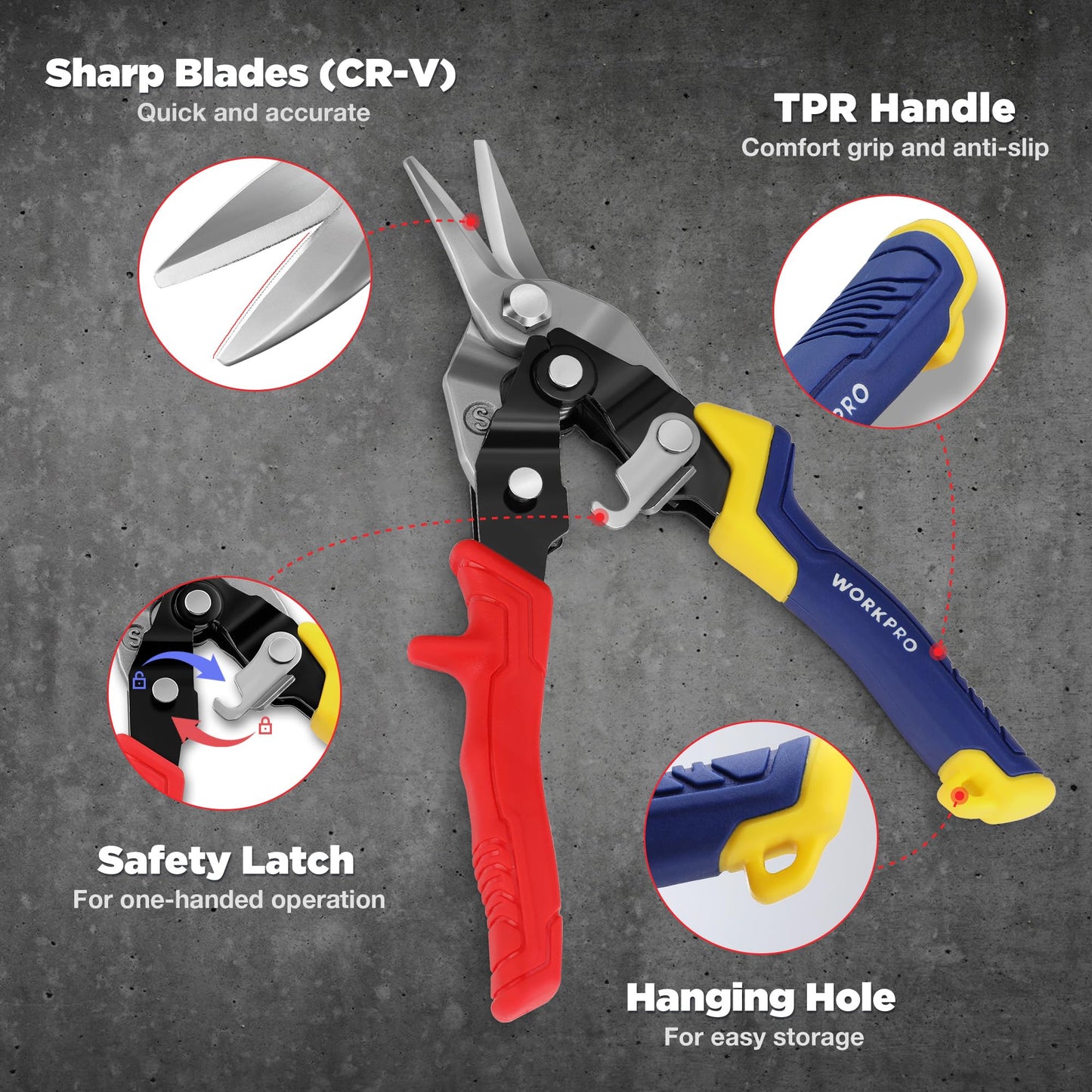 WORKPRO 8" Straight Aviation Snips, Heavy Duty Metal Cutter with Safety Latch, Non-Slip Handle, Cr-V Steel Sharp Teeth
