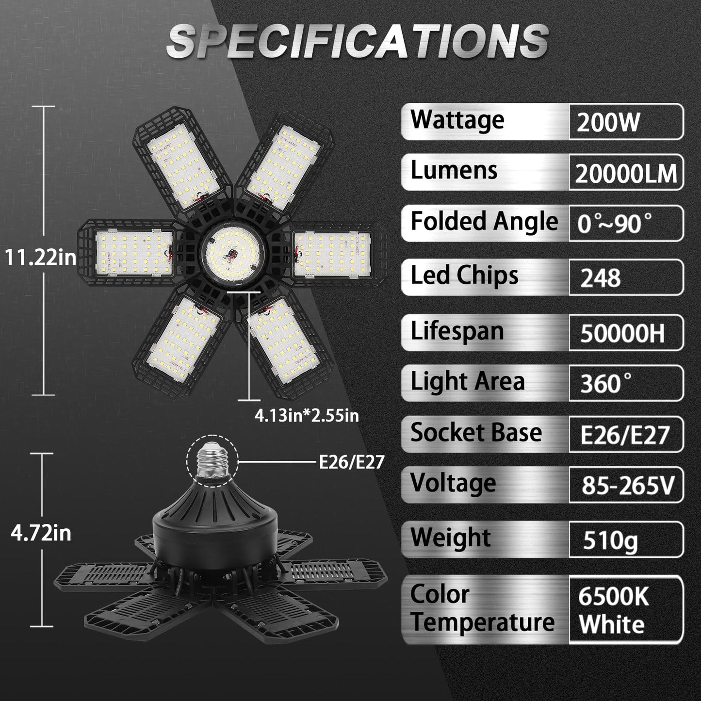 AUDLES 2 Pack 200W 20000LM LED Garage Lights, 6500K Deformable 6+1 Panels, E26/E27 Bulb for Workshop, Basement, Warehouse, Barn