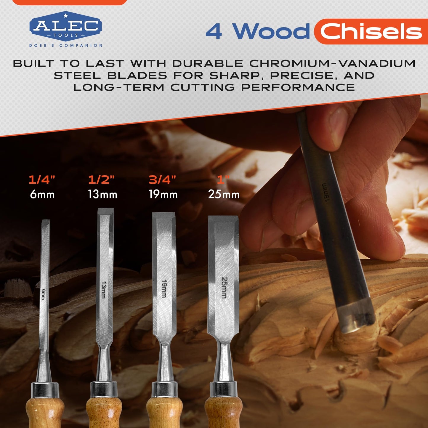 Alec Tools 4-Pc Wood Chisel Set with Sharpening Stone & Honing Guide – Pre-Sharpened Blades for Woodworking, DIY, Hobby, Professional Use