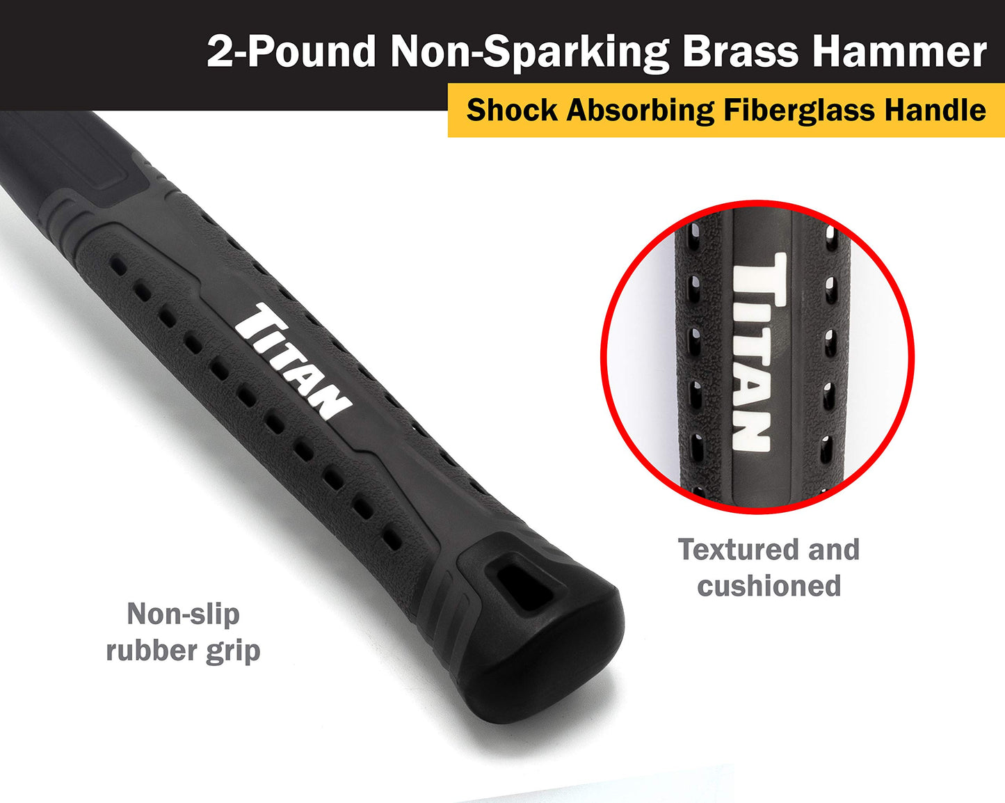 Titan 63216 2lb Solid Brass Hammer, Spark Resistant, Overstrike Protection, Shock-Absorbing Fiberglass Handle, Textured Grip