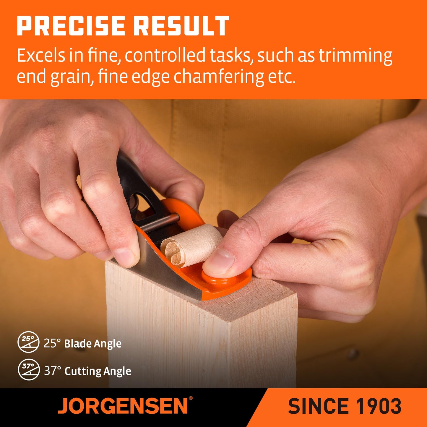 JORGENSEN 5-1/4" Hand Wood Planer, Low Angle Block Plane for Woodworking, Detail Trimming & Craft, Adjustable Depth, Durable Iron Body