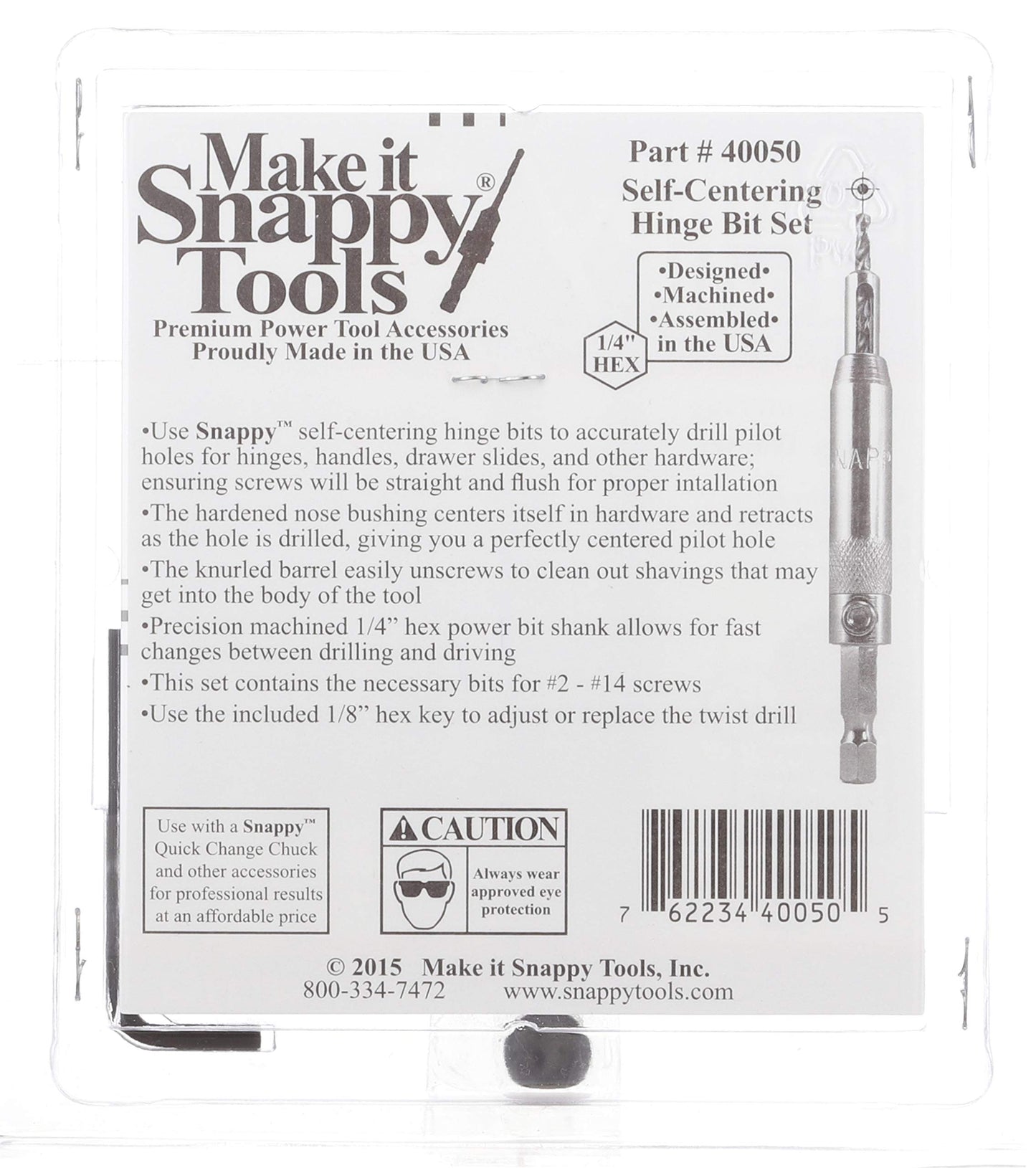 Make it Snappy Tools 5pc Self Centering Hinge Drill Bit Set, Spring Loaded. Proudly Made in the USA.