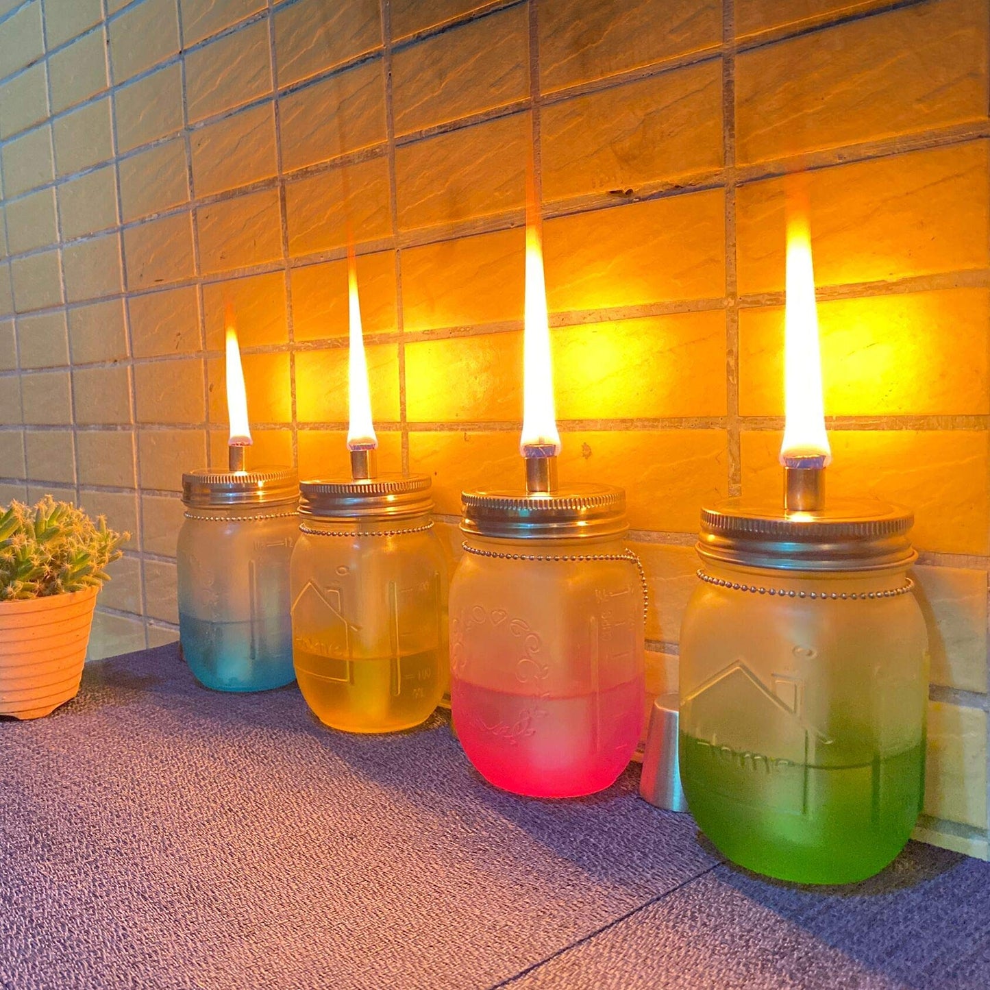 Yitee 4-Pack Mason Jar Tabletop Torch Kits with Stainless Steel Lids & Longlife Fiberglass Wicks – Outdoor Patio, Deck, Xmas Decor