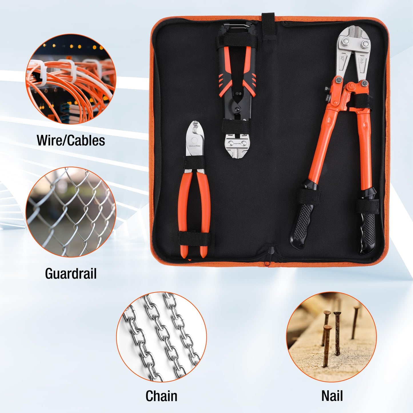 ValueMax Bolt Cutter Set, 3-Piece Heavy Duty, 14" and Mini 8" Cutters, 8" Cable Cutter With Carrying Bag for Locks, Steel Wire, Barbed Wire, Chains