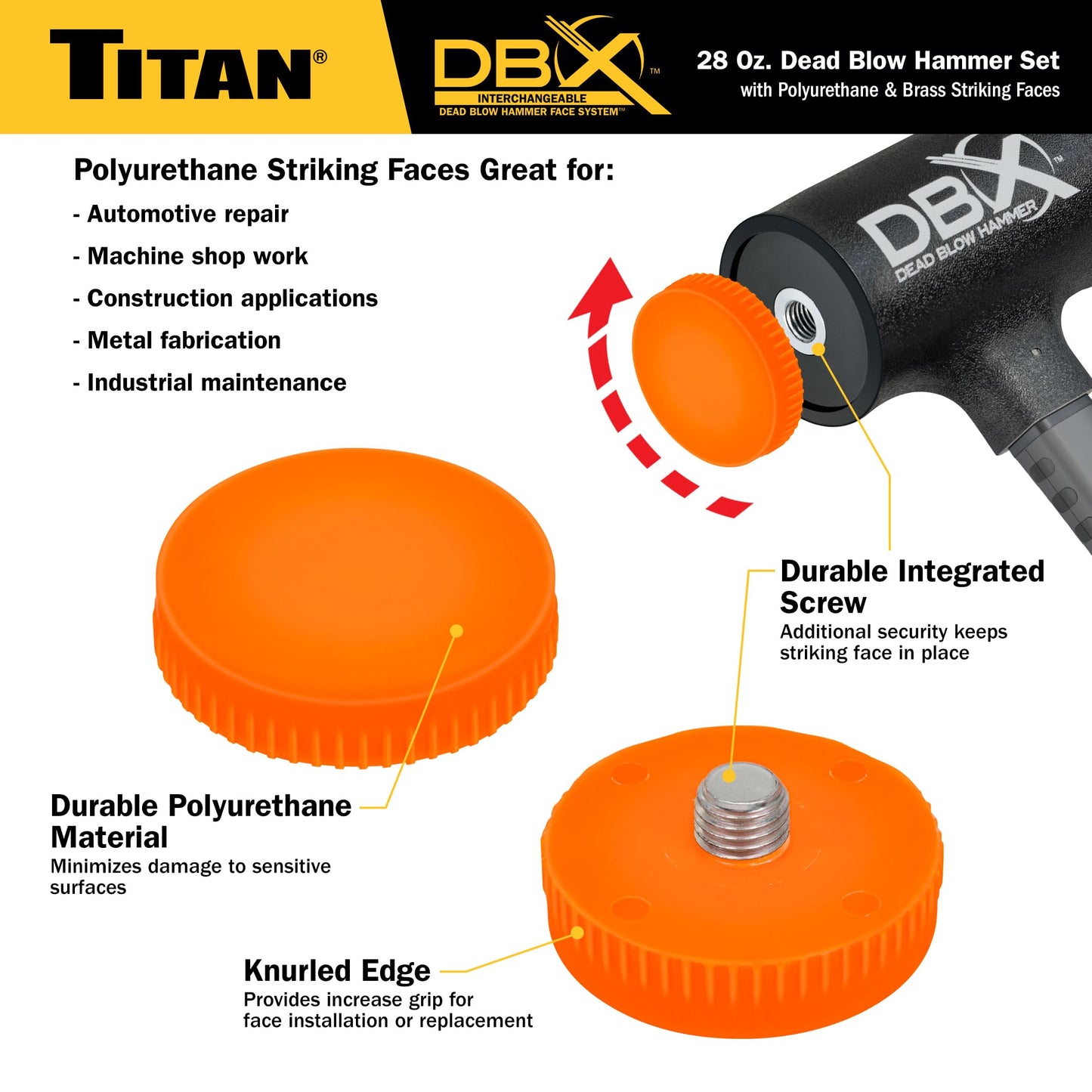 Titan DBX 63630 28oz Dead Blow Hammer, Interchangeable Polyurethane & Brass Faces, Rebound Resistant, 14" Fiberglass Handle