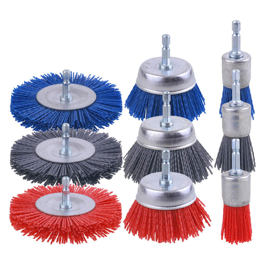 Rocaris 9-Piece Nylon Abrasive Wire & Cup Brush Set, 1/4" Hex Shank, 80/120/240 Grit for Rust, Paint & Corrosion Removal