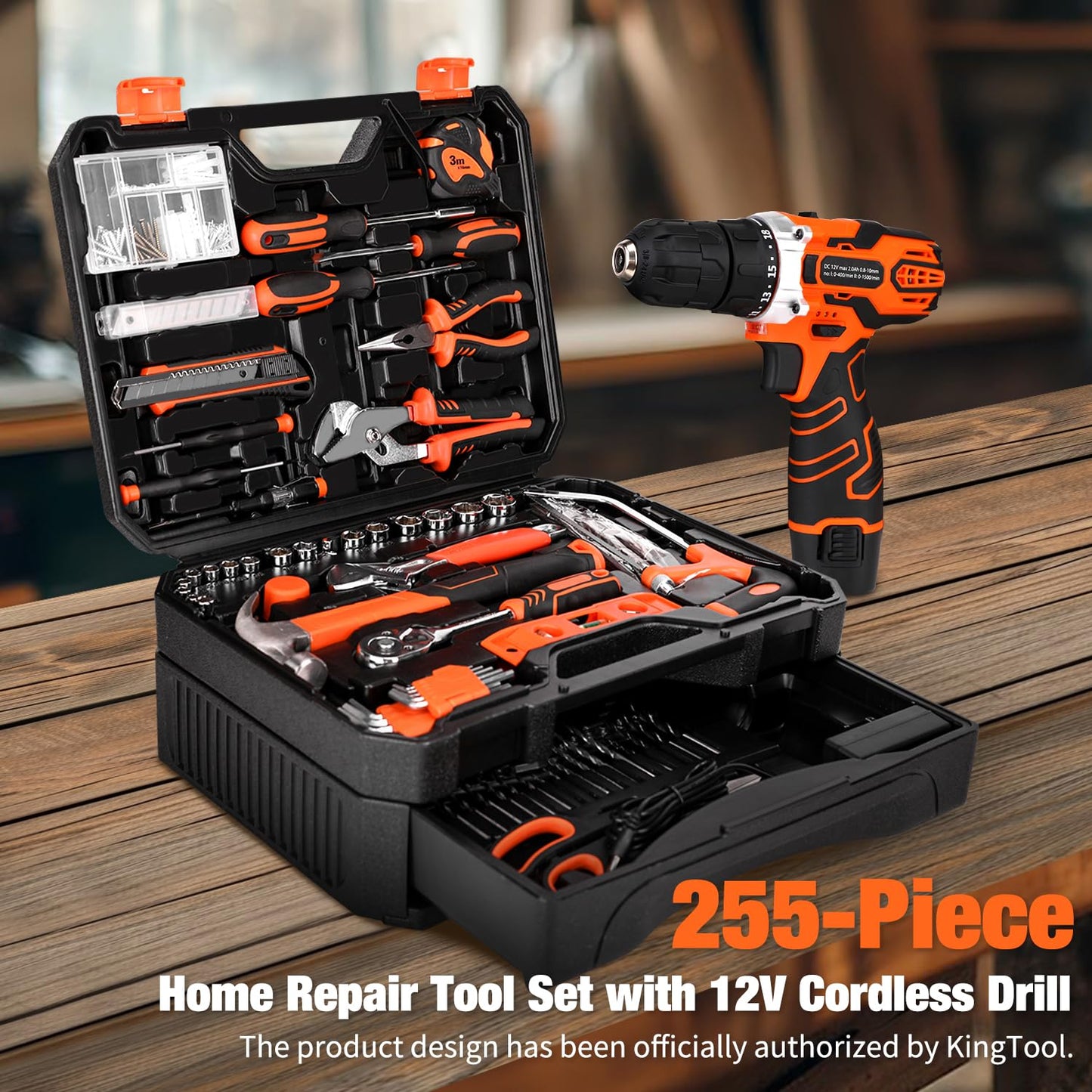 255-Piece Tool Set with 12V Cordless Drill Driver, Complete Household Tool Kit with Drawer Storage Case for DIY & Home Repair