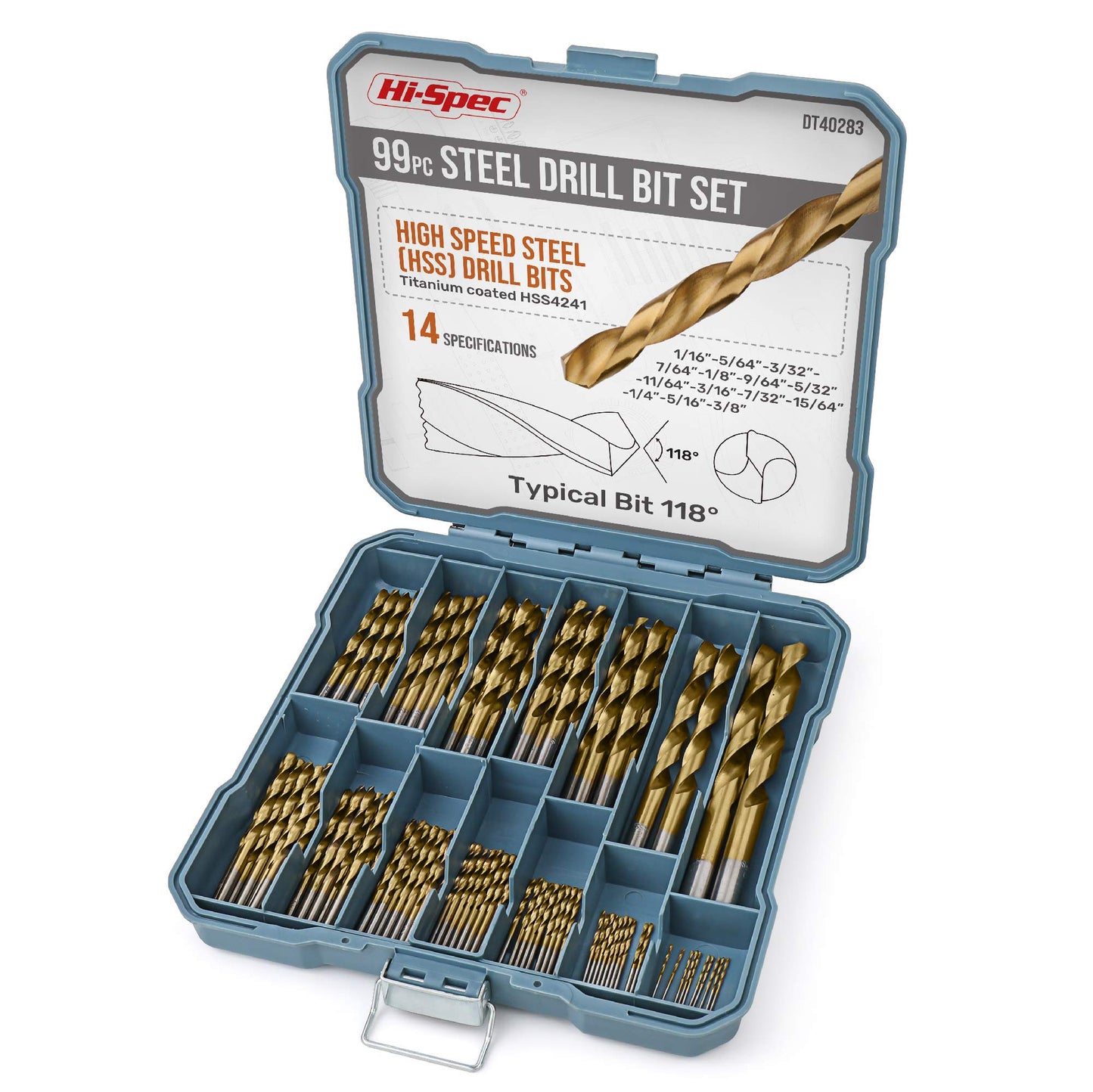 Hi-Spec Tools 99pc HSS Drill Bit Set SAE 1/16–3/8" for Metal, Wood, Plastic & Drywall with Storage Case