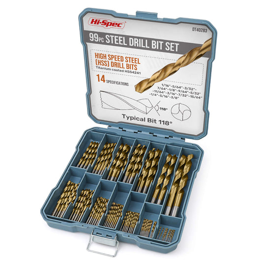 Hi-Spec Tools 99pc HSS Drill Bit Set SAE 1/16–3/8" for Metal, Wood, Plastic & Drywall with Storage Case