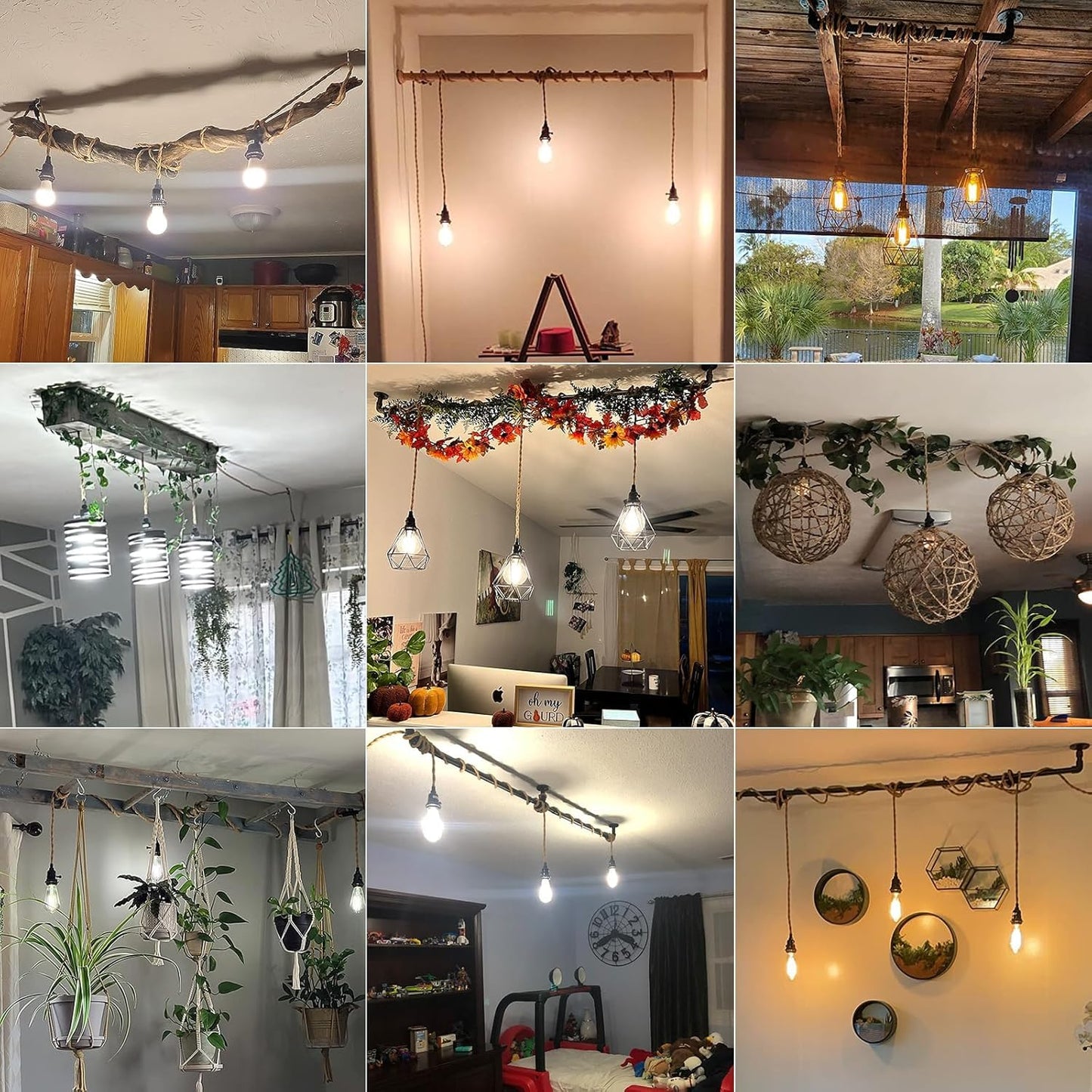 CAFULAM 3 Light Hemp Rope Plug in Pendant Light Rattan Hanging Lights with Plug in Cord with Woven Lamp Shade, Plug in Cord Hemp Rope Hanging Lamp