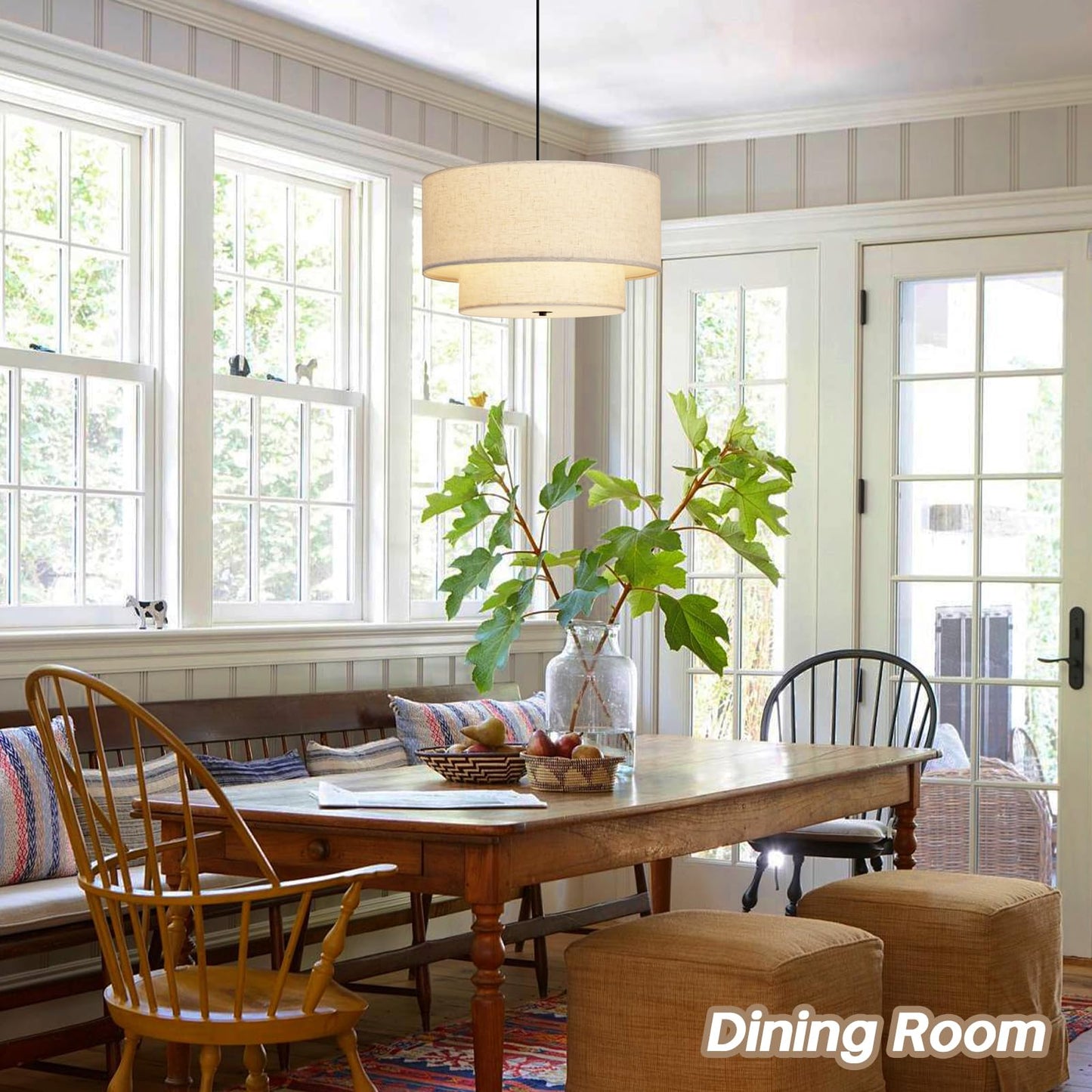 **HILUXIA 18” Modern Double Drum Fabric Pendant Light, Dual Layer Hanging Ceiling Chandelier for Dining Room, Living Room, Bedroom & Kitchen**