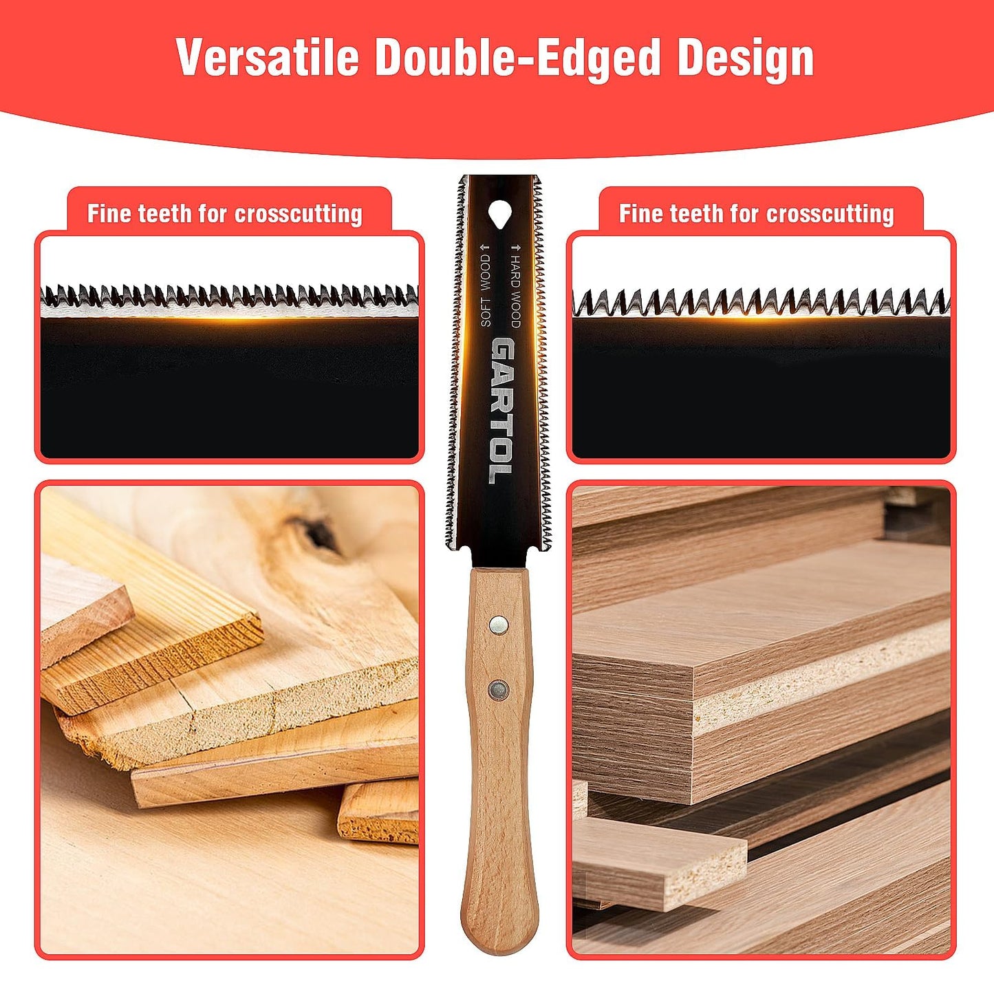 GARTOL 2-Piece Japanese Pull Saw Set – 6" Flush Cut & Double-Edged SK5 Blades with Wooden Handle for Woodworking, DIY & Carpentry